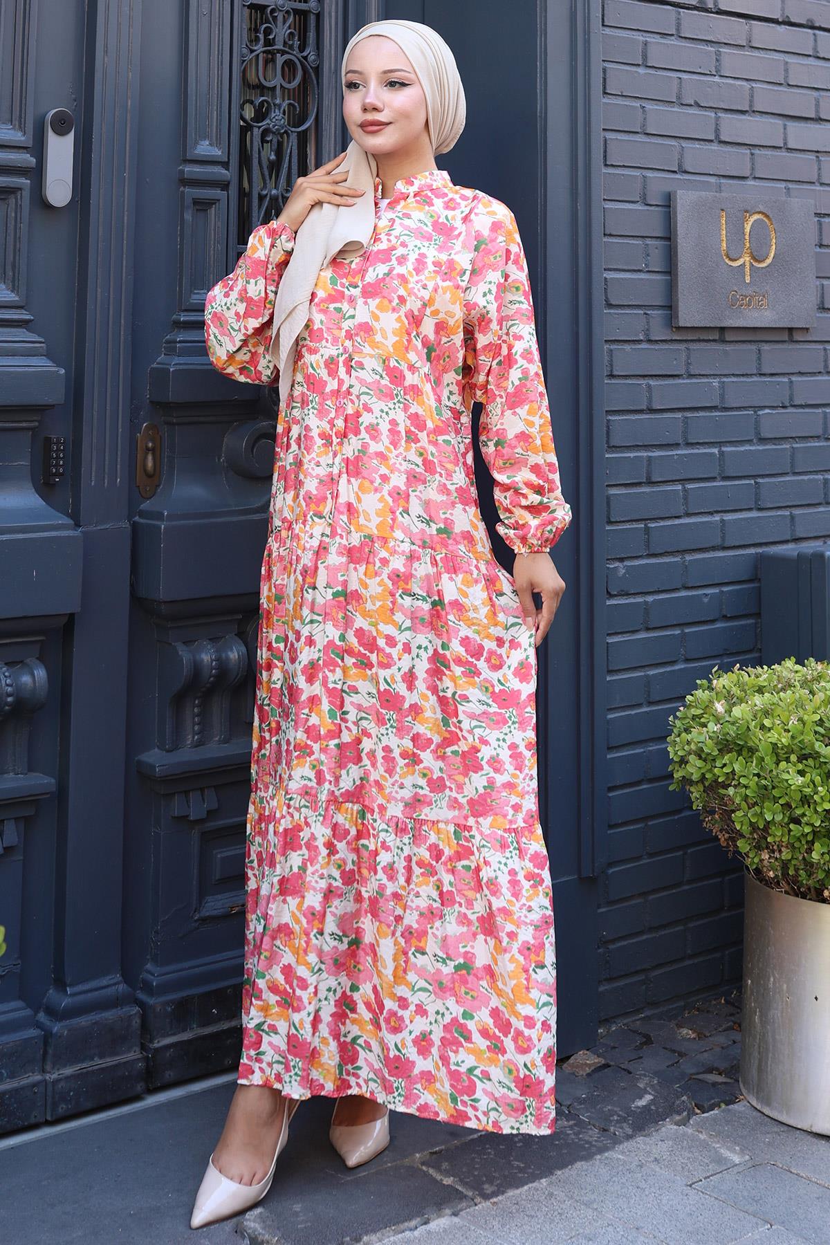 Çiçekli Baskılı Modal Elbise Pembe HM2794