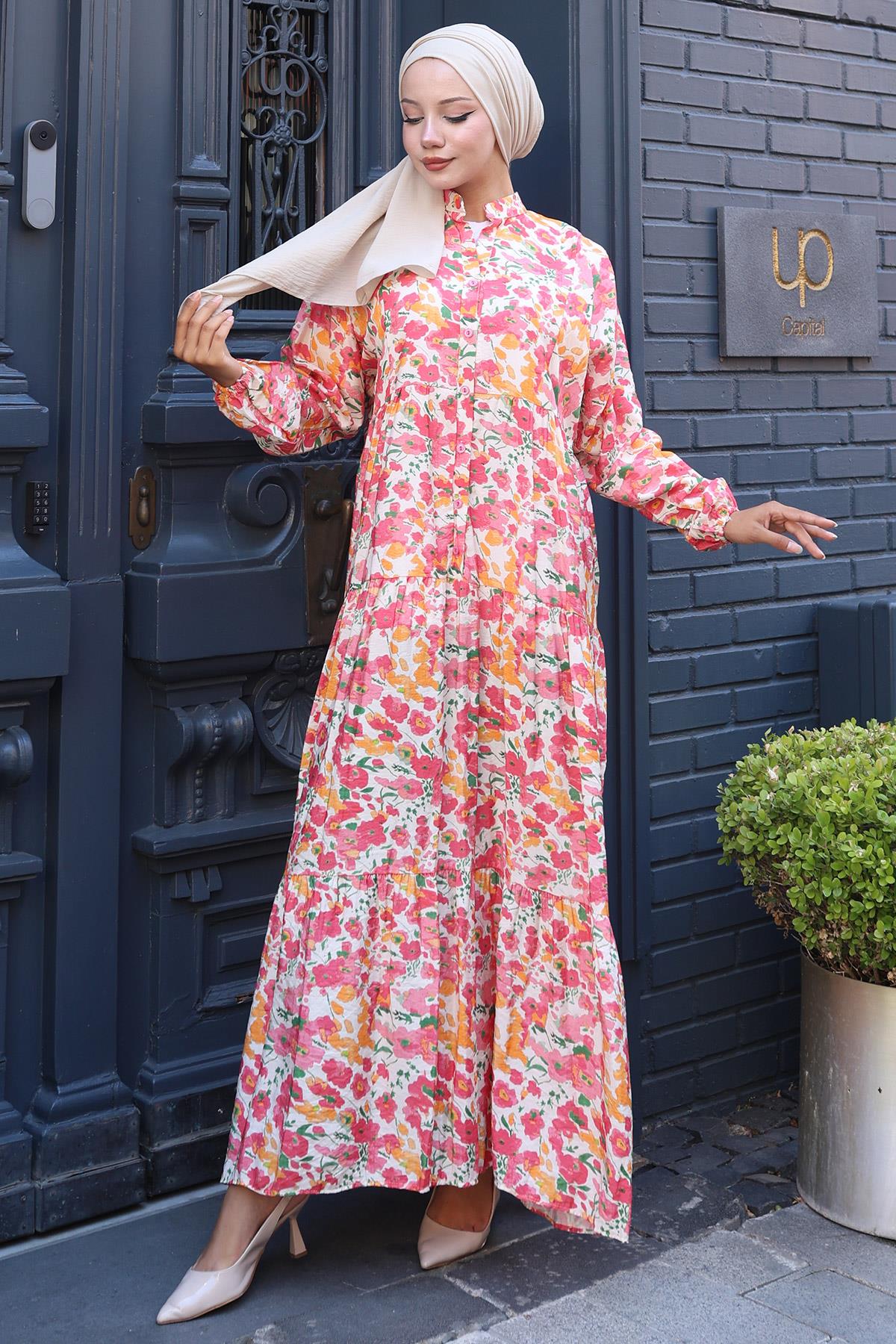 Çiçekli Baskılı Modal Elbise Pembe HM2794