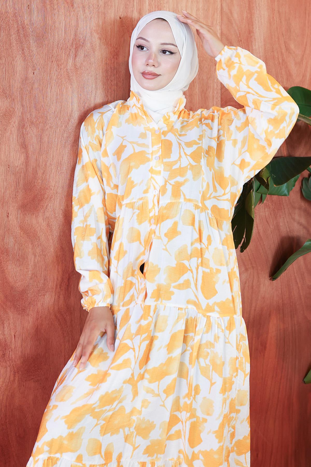 Çiçekli Baskılı Modal Elbise Sarı HM2798