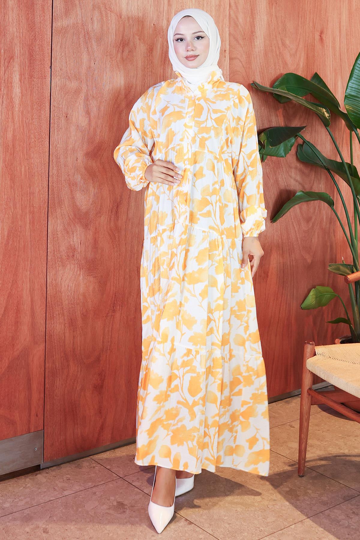 Çiçekli Baskılı Modal Elbise Sarı HM2798