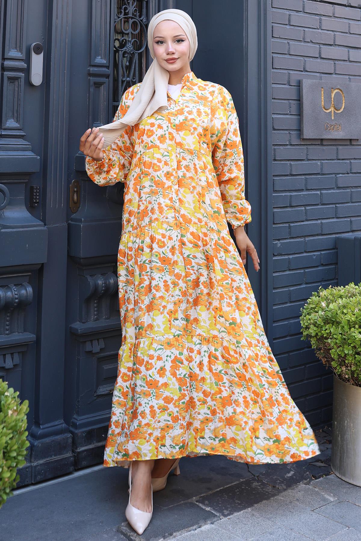 Çiçekli Baskılı Modal Elbise Sarı HM2794