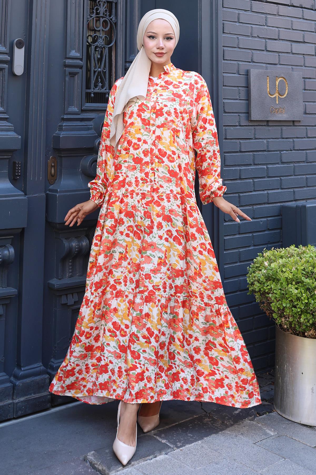 Çiçekli Baskılı Modal Elbise Turuncu HM2794