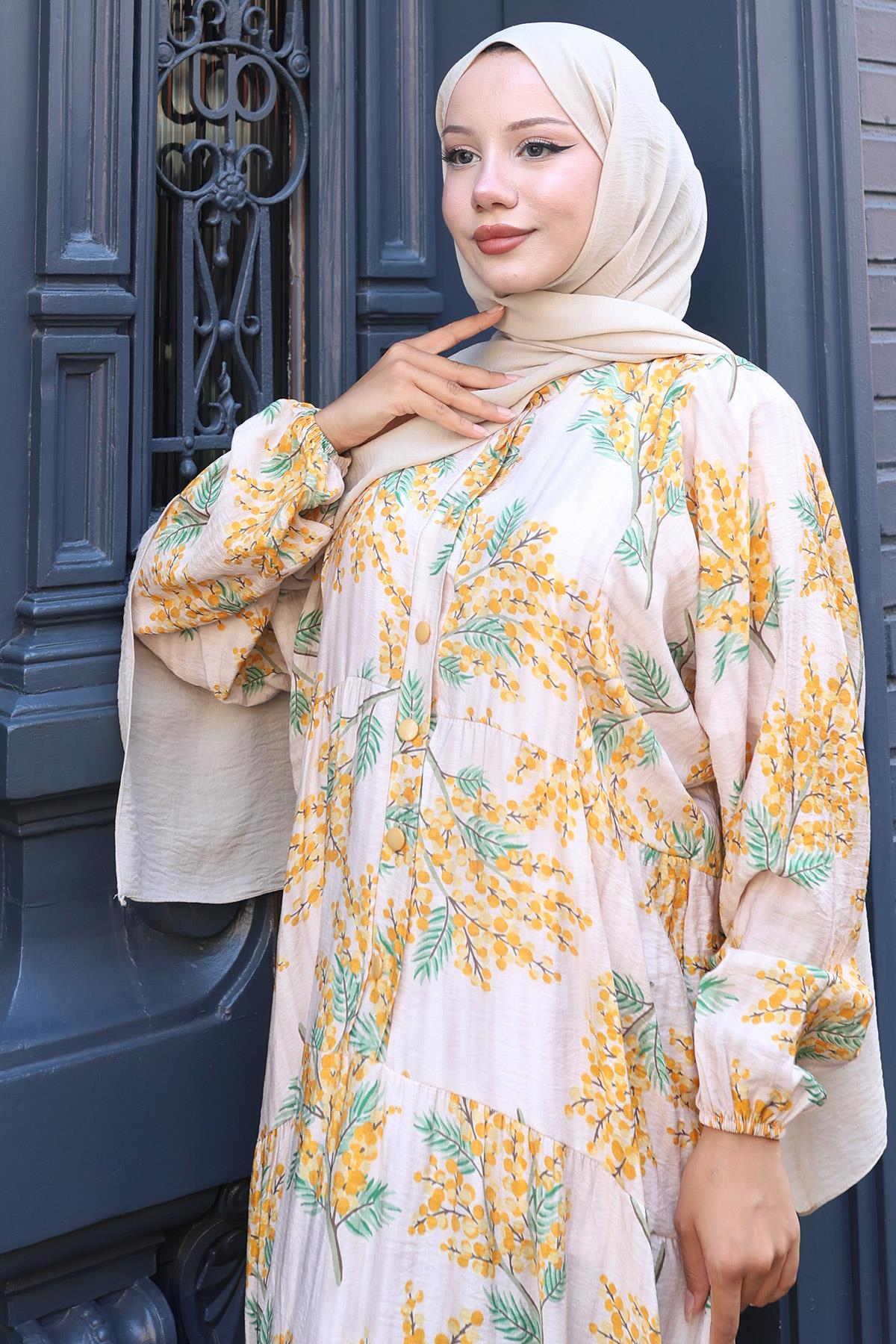 Çiçekli Baskılı Yazlık Elbise Krem HM2795