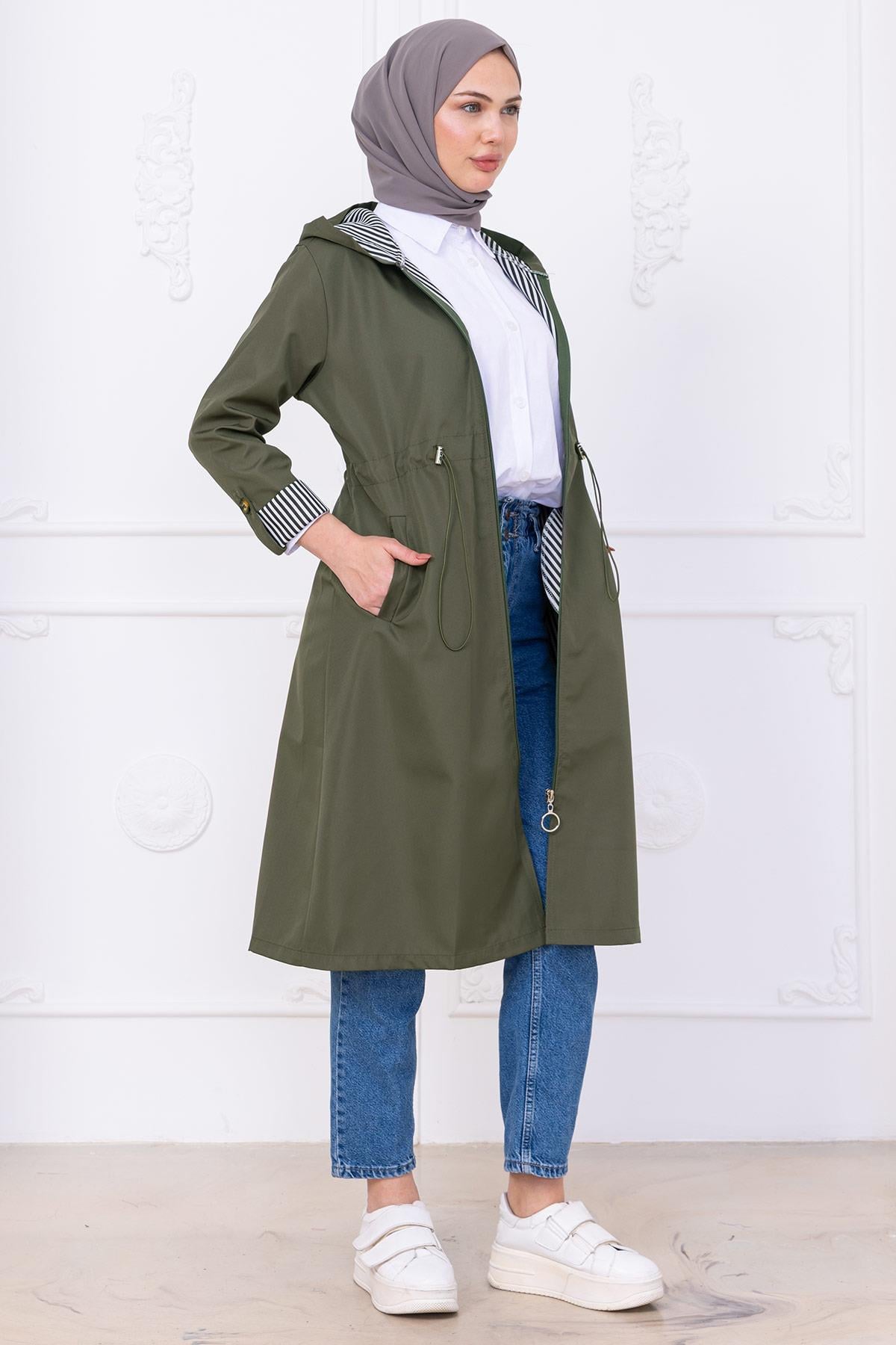 Çizgi Detaylı Trençkot Haki HM2283