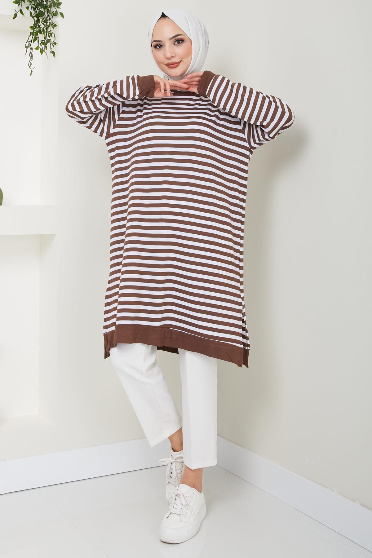 Çizgili Penye Tunik Kahverengi HM2418