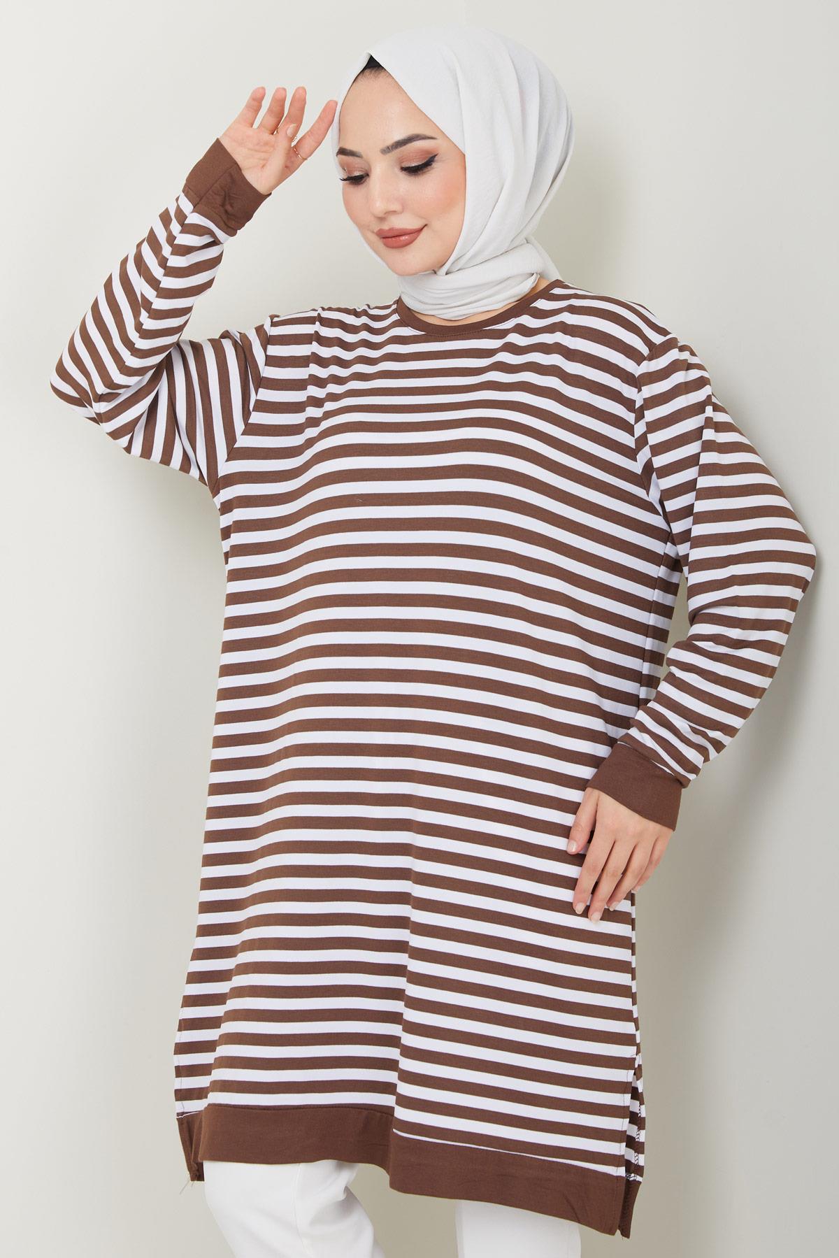 Çizgili Penye Tunik Kahverengi HM2418
