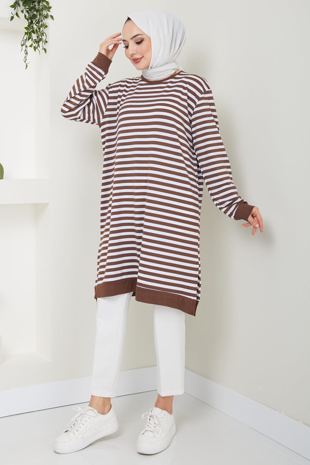 Çizgili Penye Tunik Kahverengi HM2418