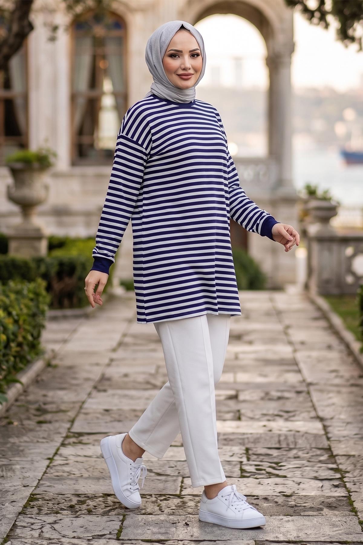 Çizgili Penye Tunik Lacivert HM2917