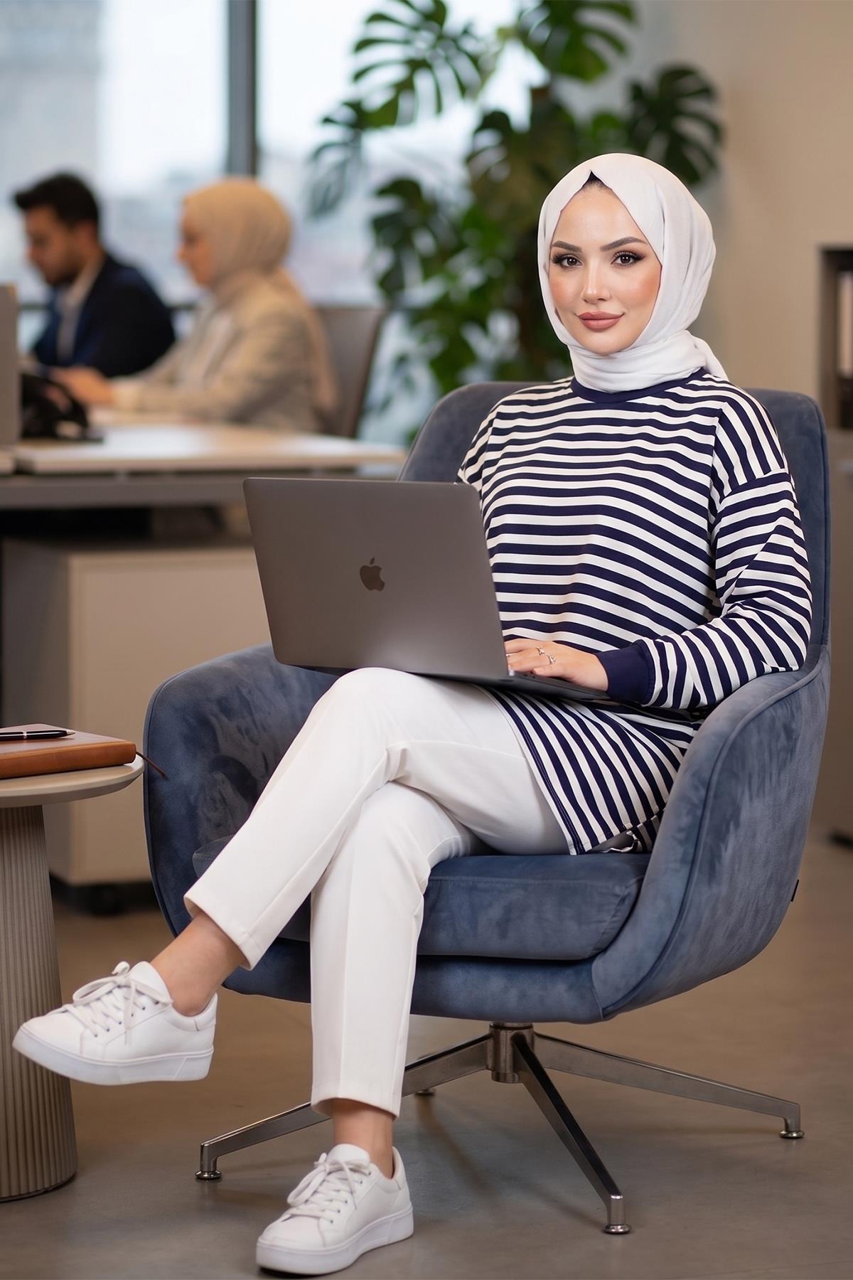 Çizgili Penye Tunik Lacivert HM2917