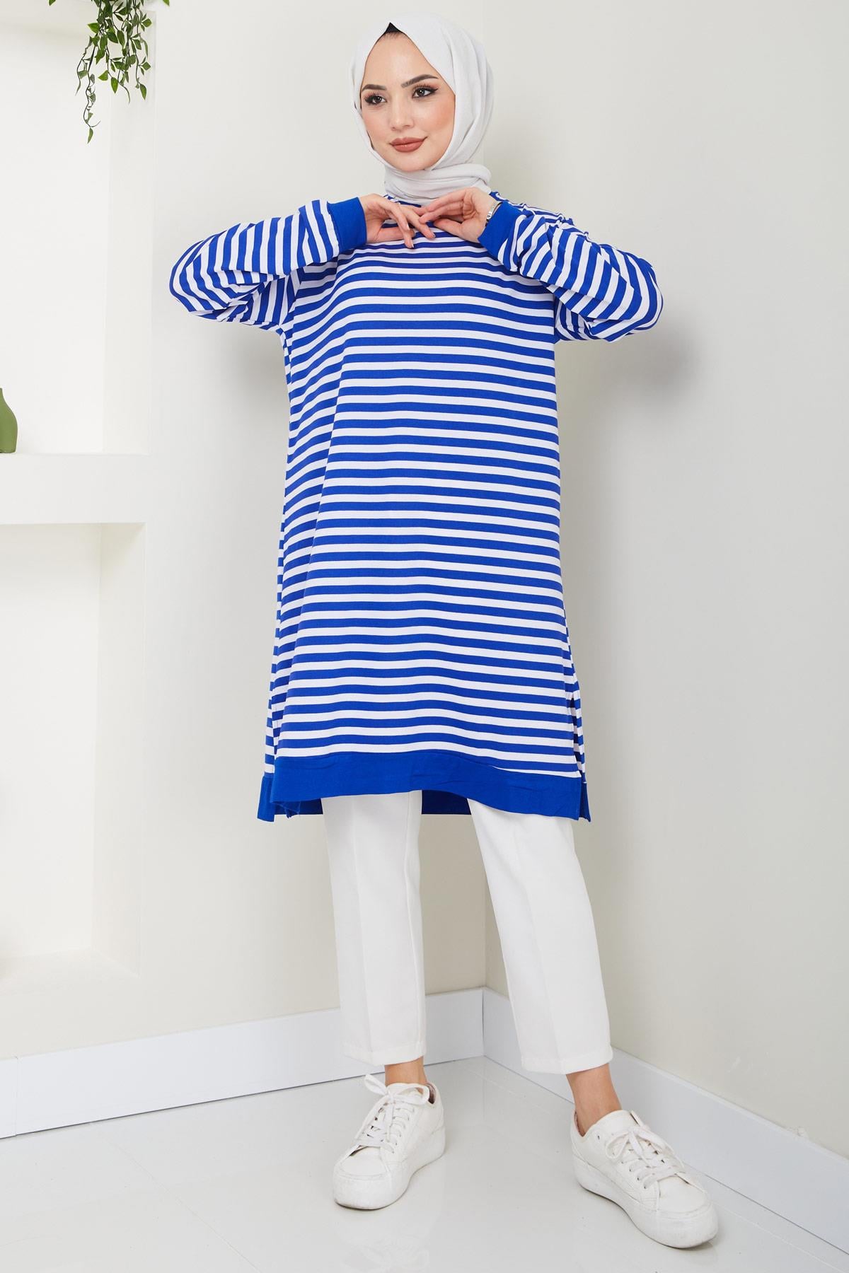 Çizgili Penye Tunik Mavi HM2418