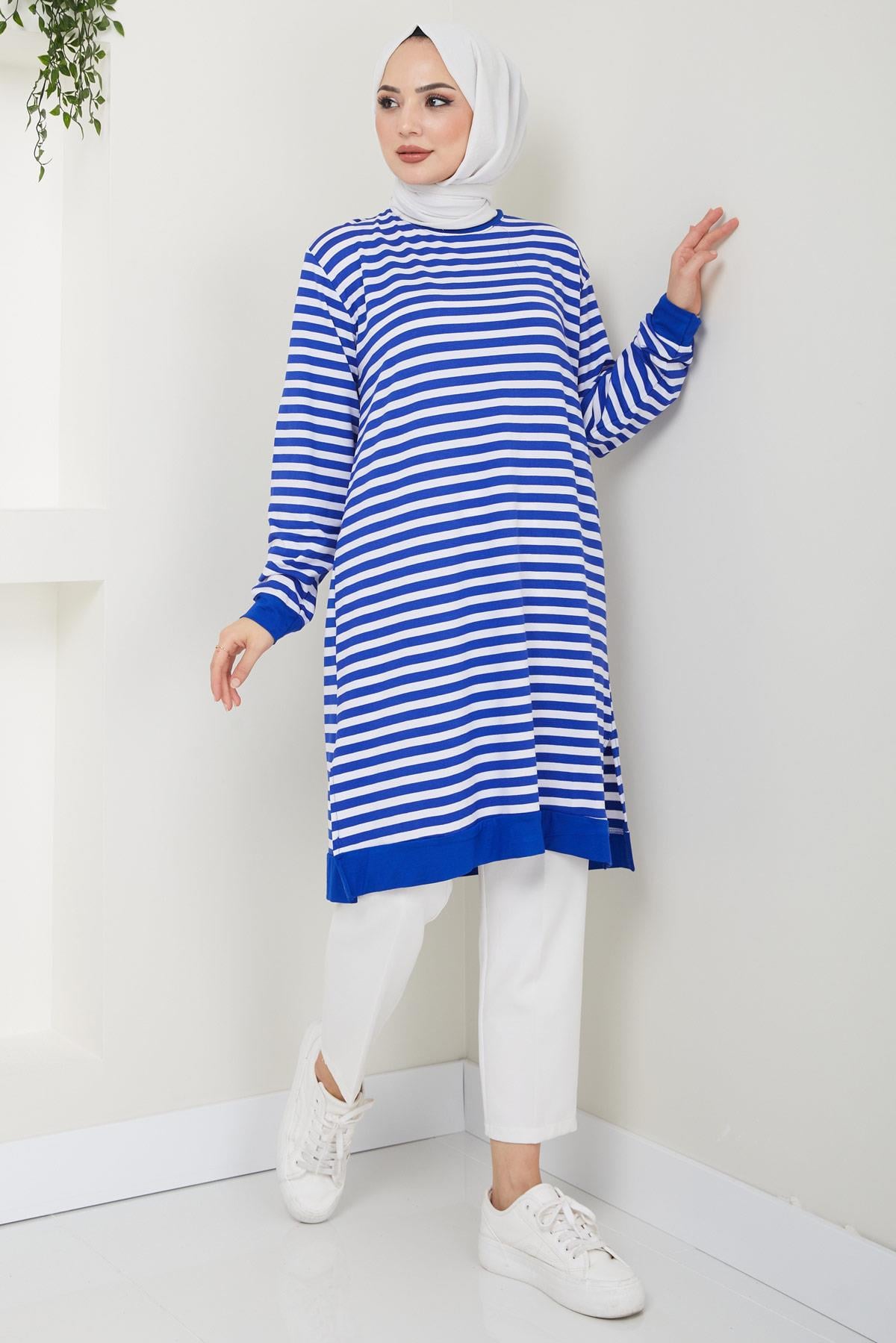 Çizgili Penye Tunik Mavi HM2418