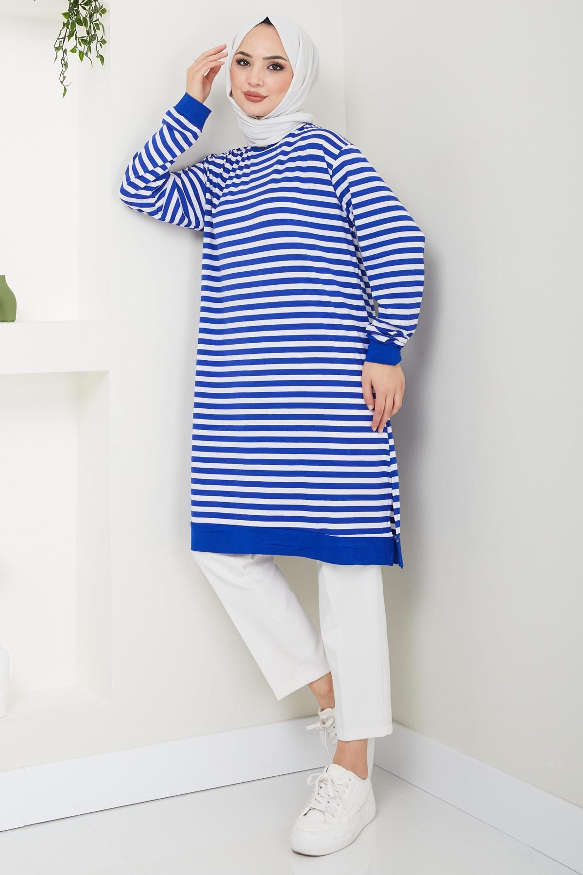 Çizgili Penye Tunik Mavi HM2418