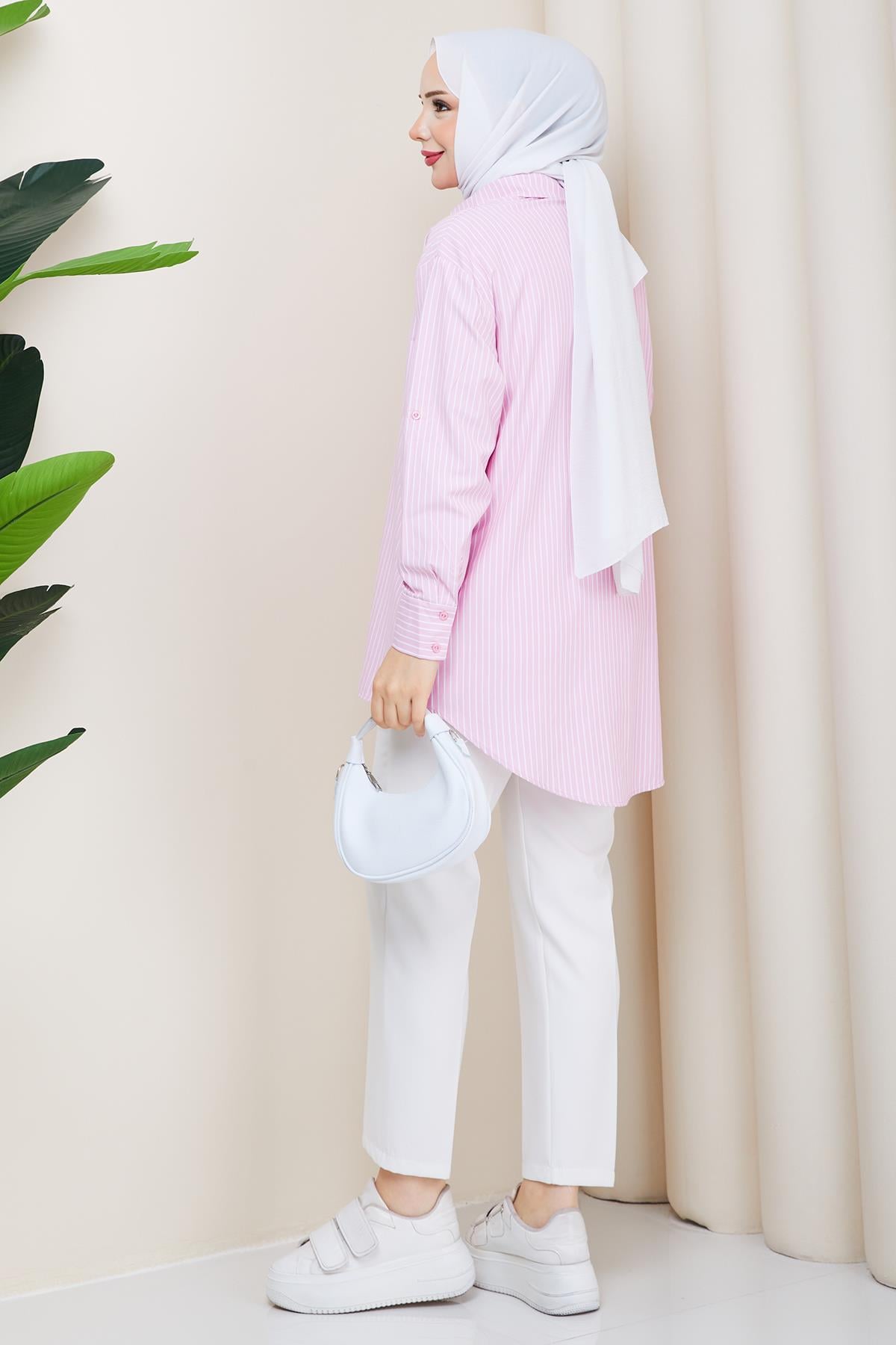 Çizgili Tesettür Gömlek Pembe HM2893