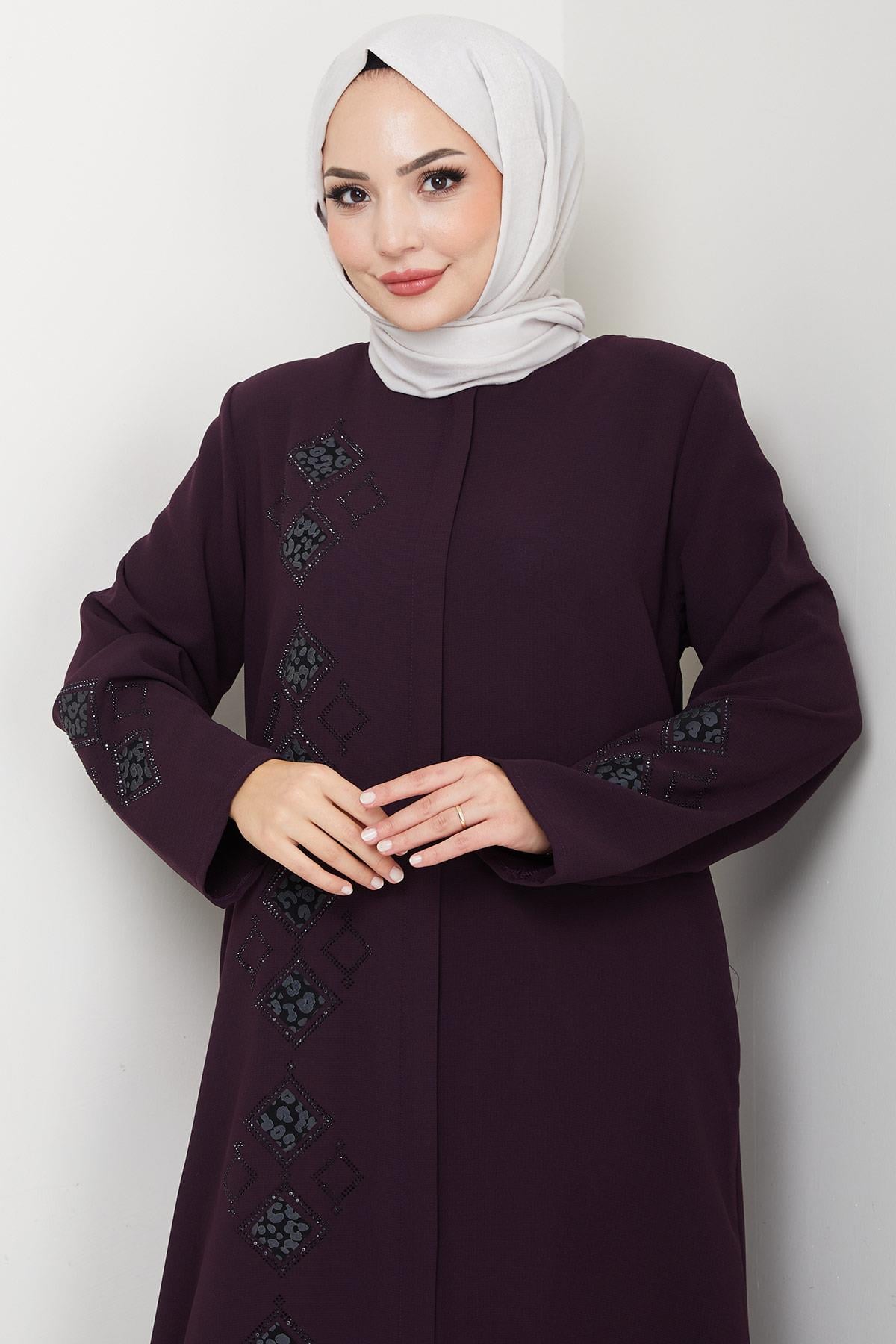 Deri İşlemeli Ferace Mürdüm HM2849