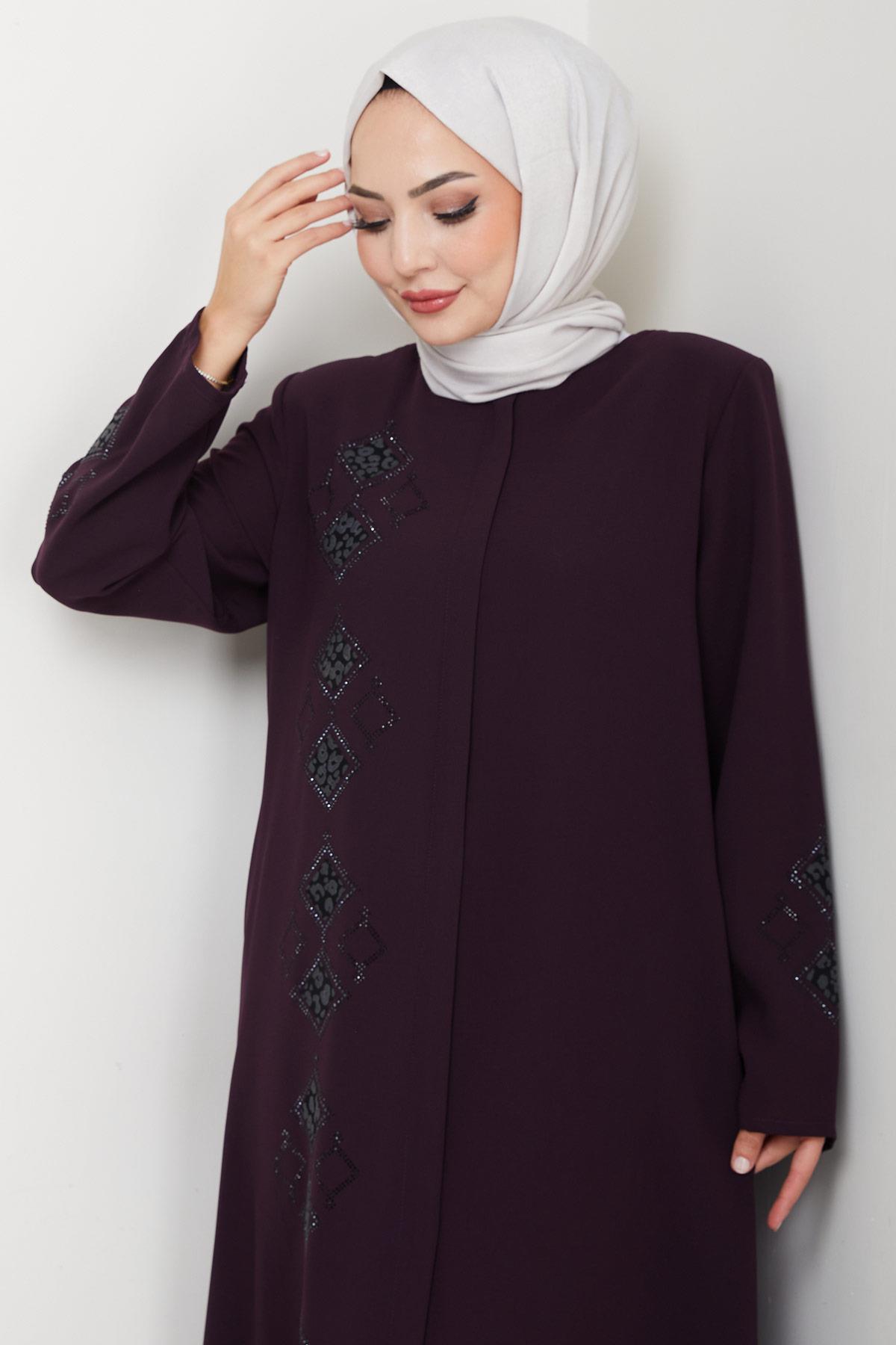 Deri İşlemeli Ferace Mürdüm HM2849