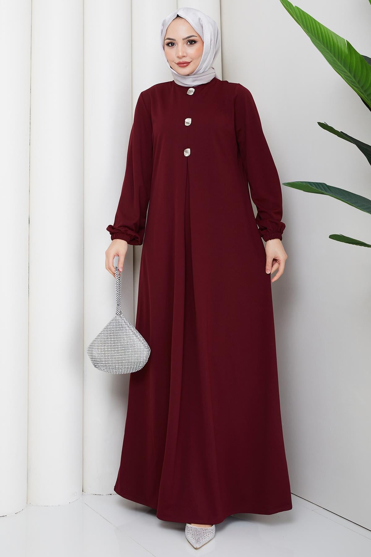 Düğme Detaylı A Pile Tesettür Elbise Bordo HM2889