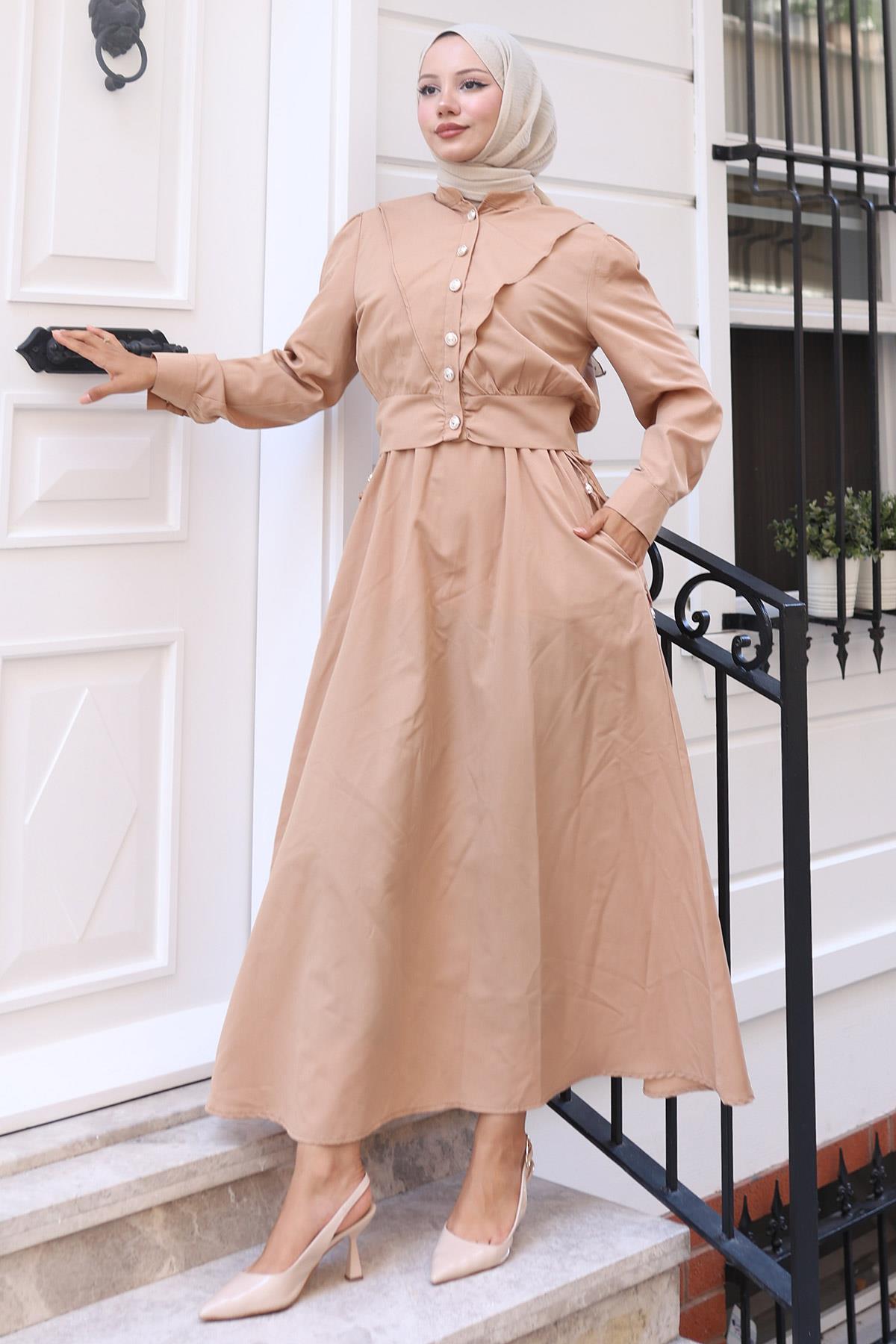 Düğmeli Ceketli Cepli Beli Bağlamalı Jile Elbise Camel HM2785