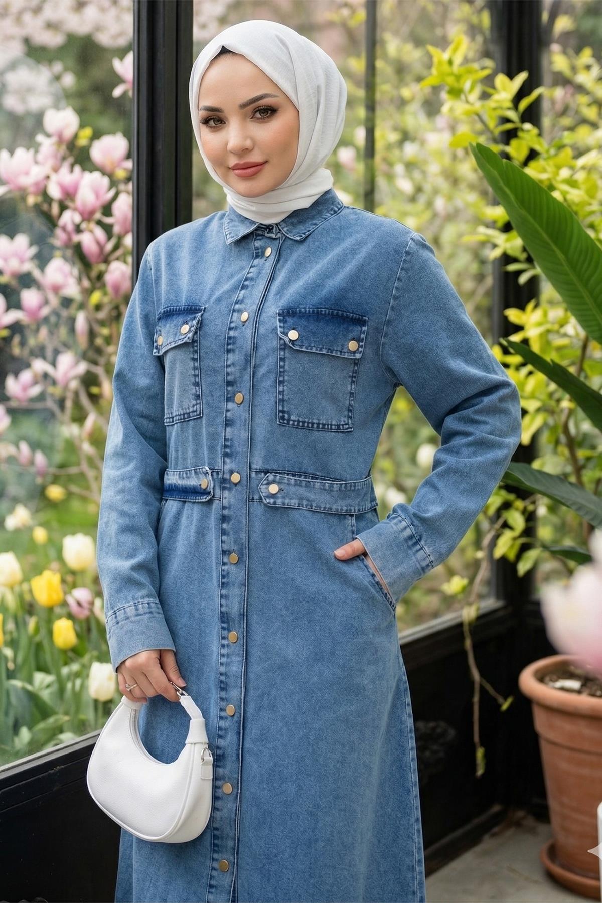 Düğmeli Denim Elbise Açık Mavi HM2897