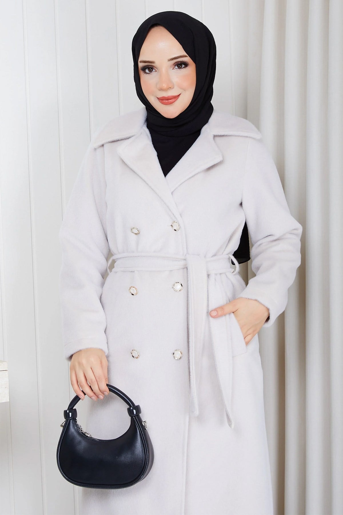 Düğmeli Kuşaklı Angora Kaban Krem HM2969