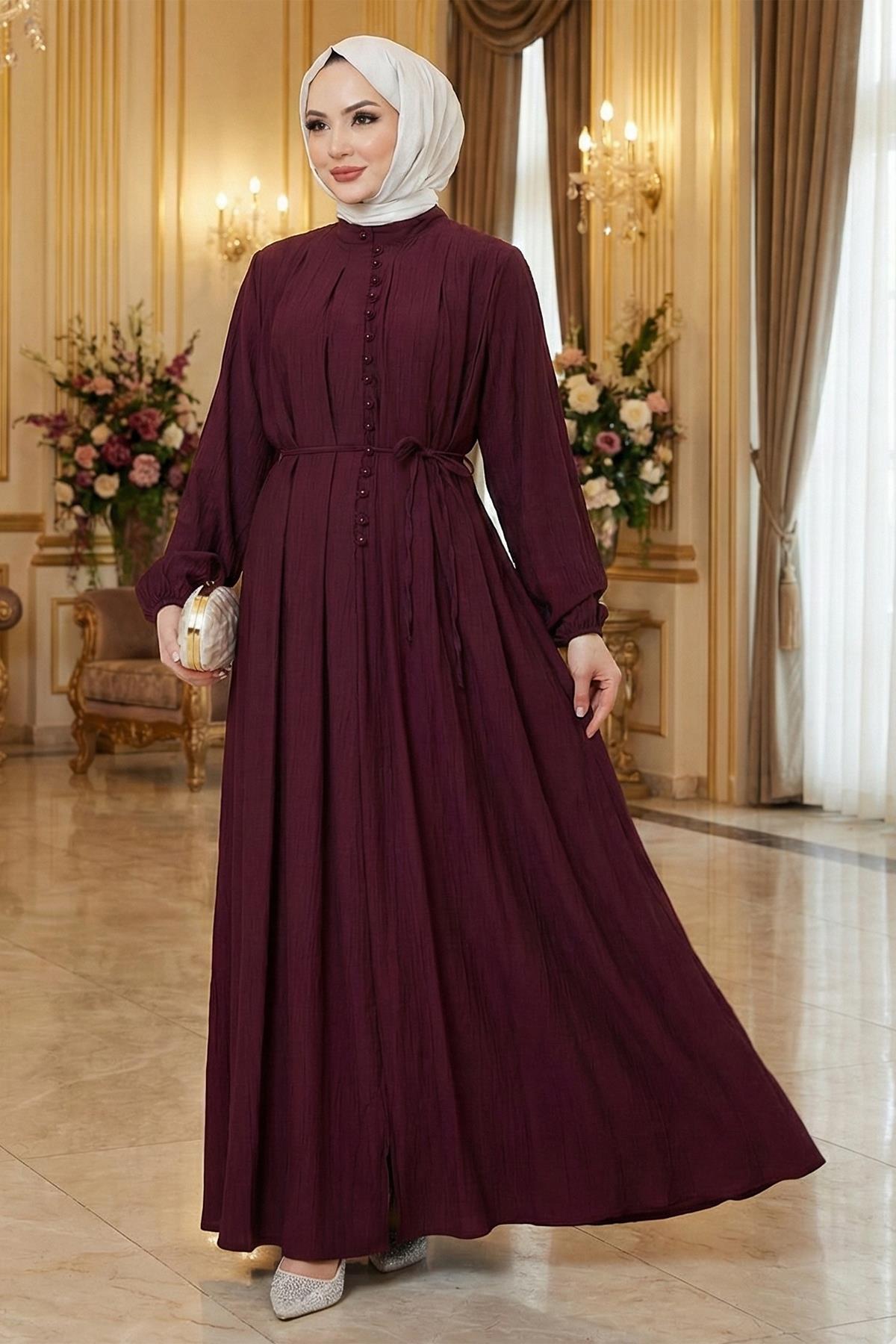 Esila Bağcıklı Britli Tesettür Elbise Bordo HM2884