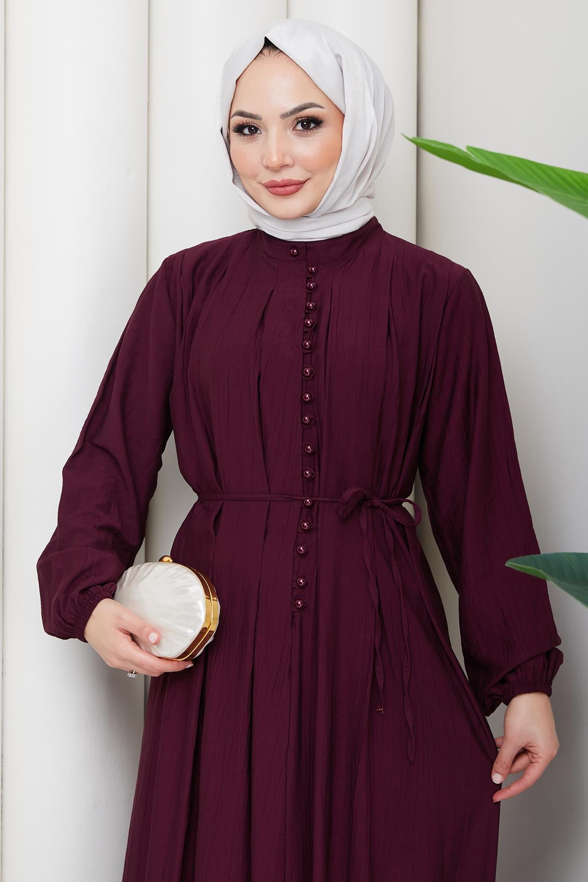 Esila Bağcıklı Britli Tesettür Elbise Bordo HM2884