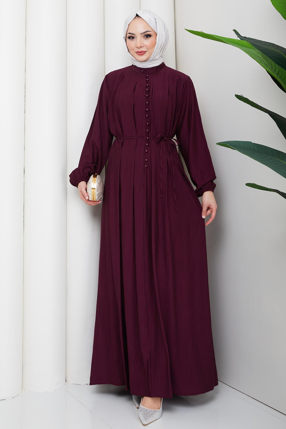 Esila Bağcıklı Britli Tesettür Elbise Bordo HM2884