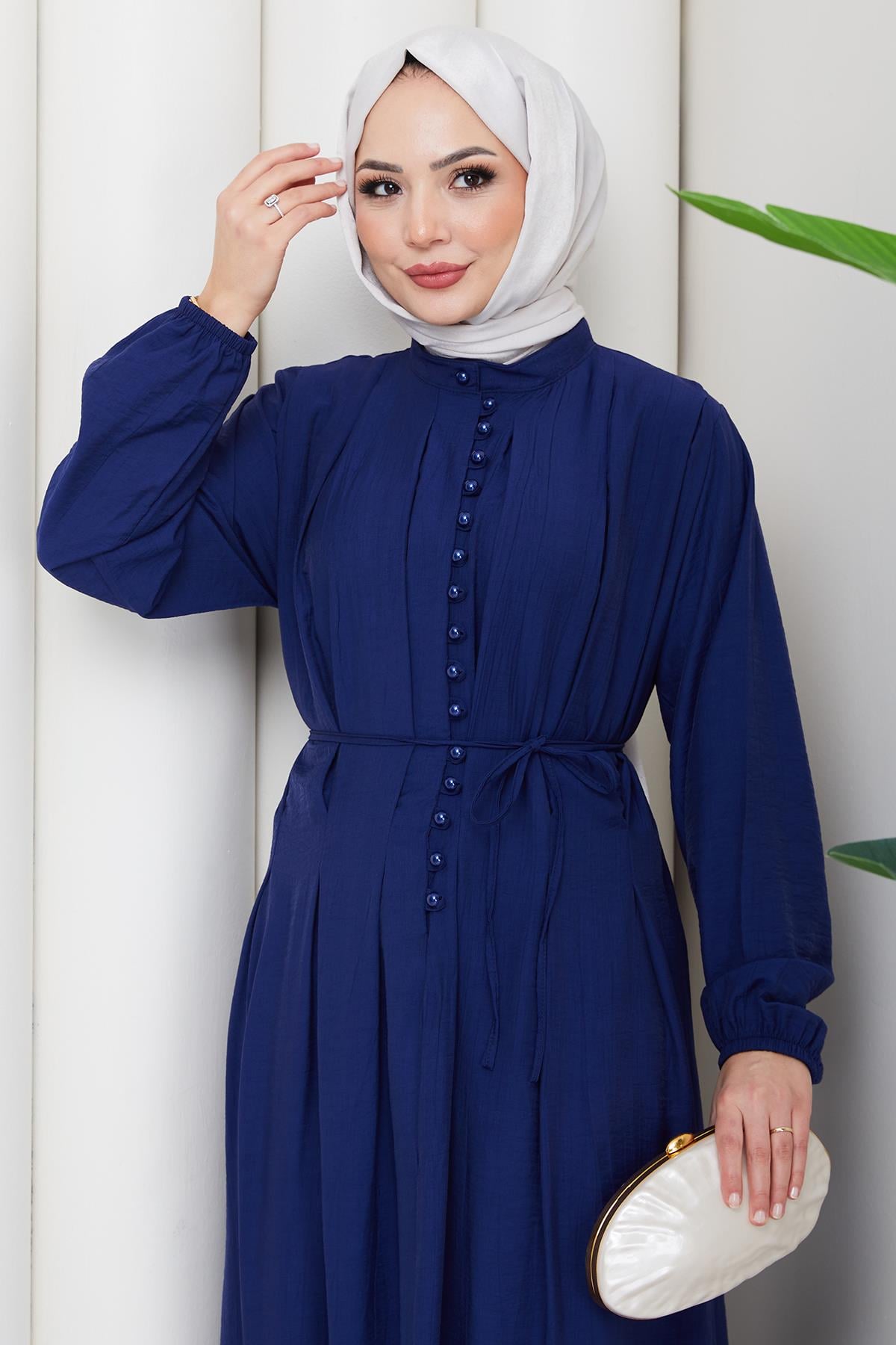 Esila Bağcıklı Britli Tesettür Elbise Lacivert HM2884