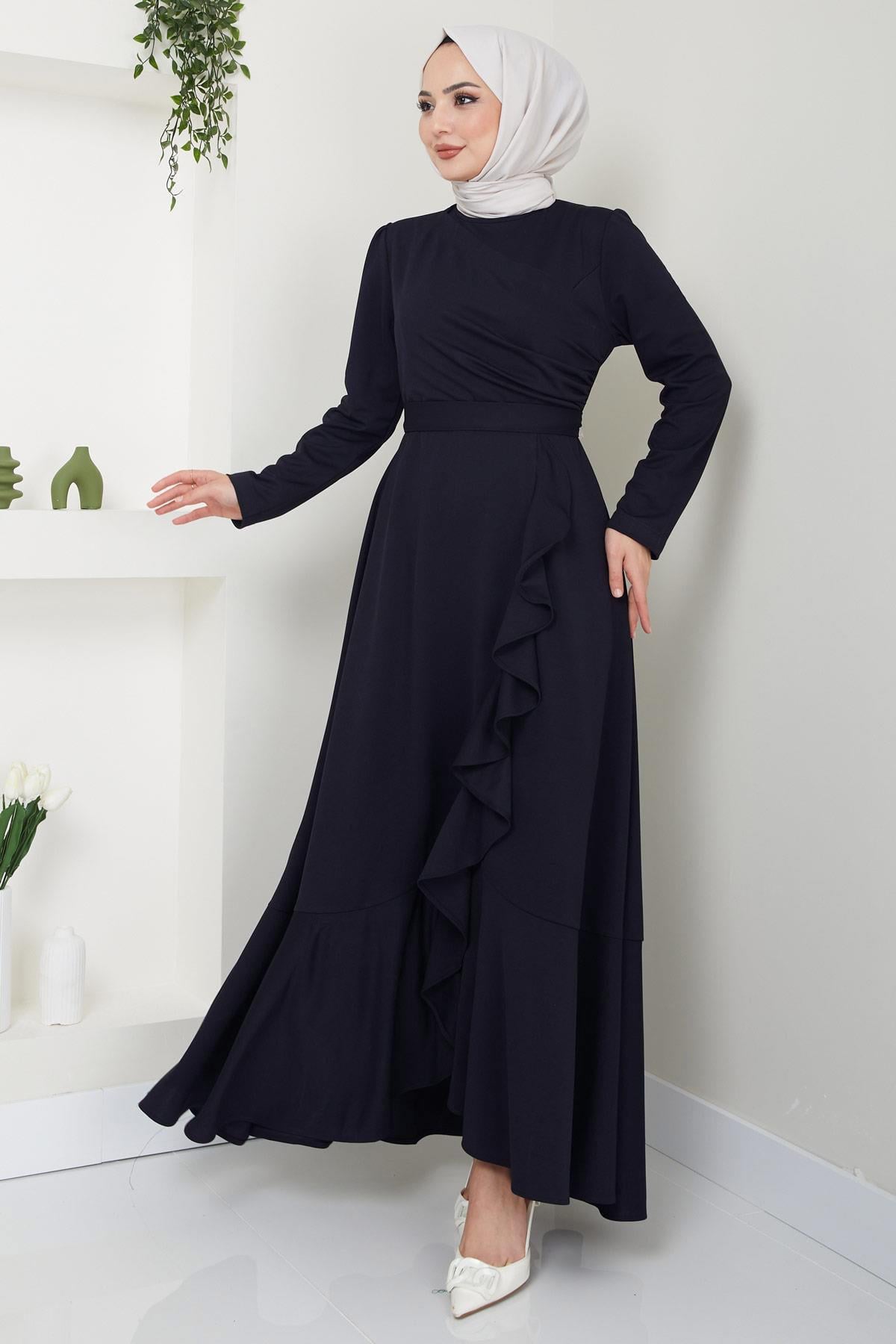 Eteği Fırfırlı Drapeli Elbise Lacivert HM2419