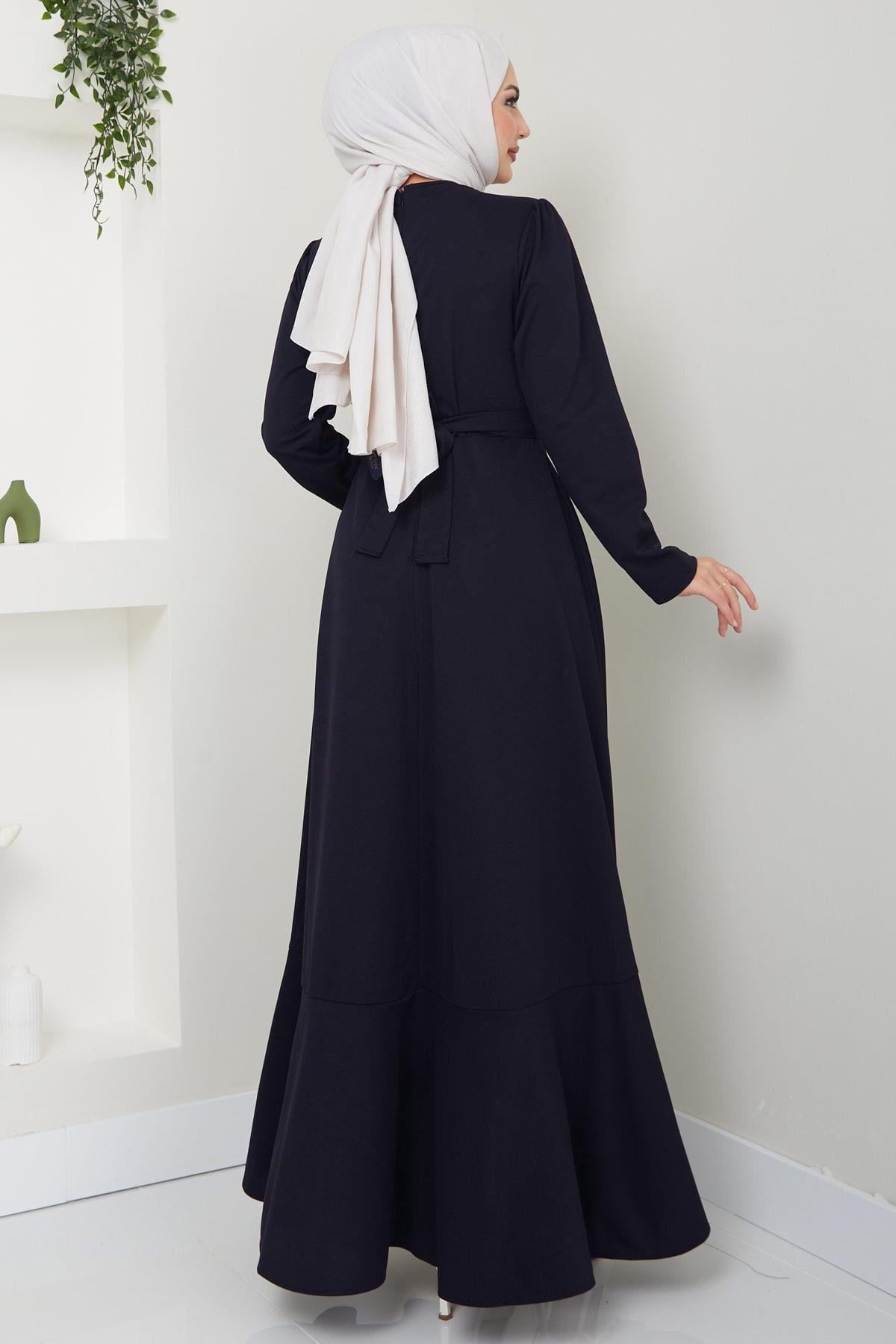 Eteği Fırfırlı Drapeli Elbise Lacivert HM2419