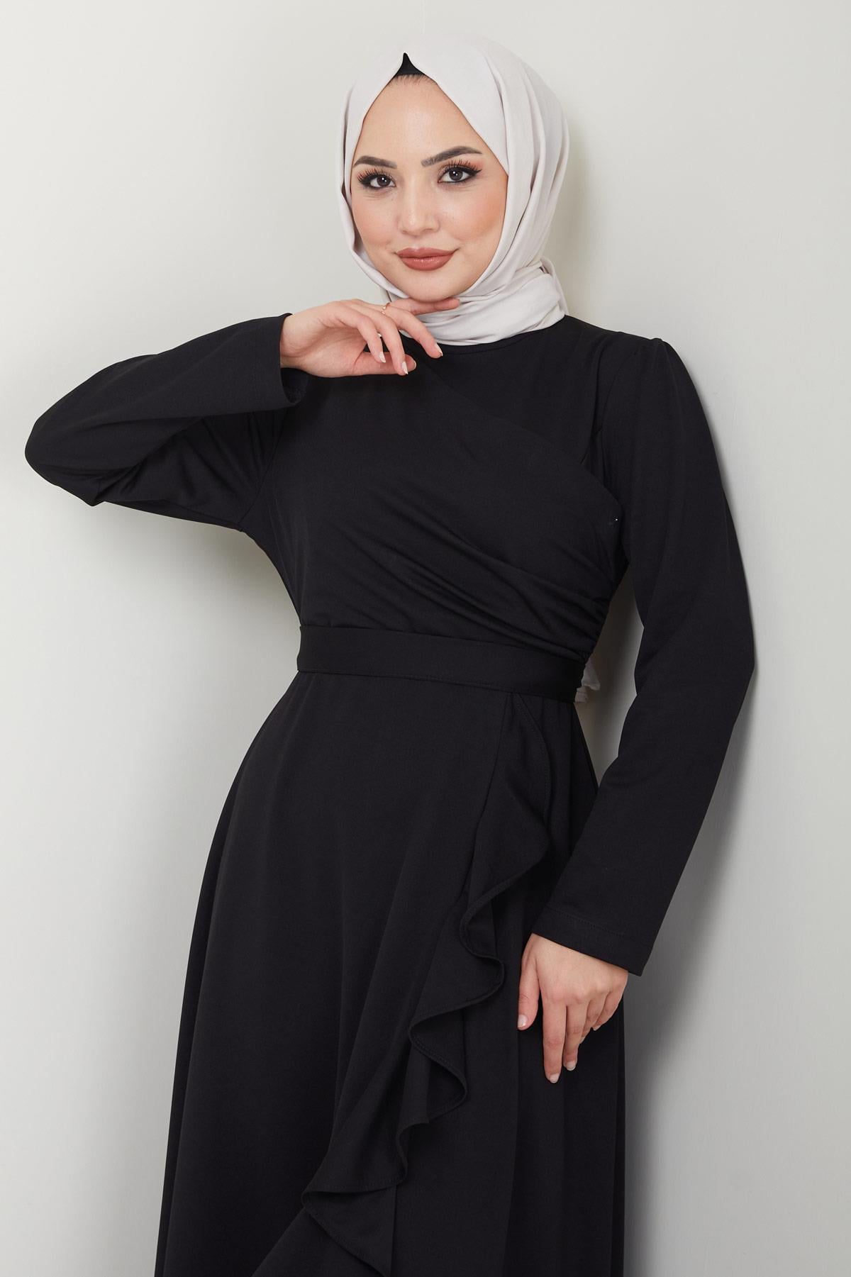 Eteği Fırfırlı Drapeli Elbise Siyah HM2419