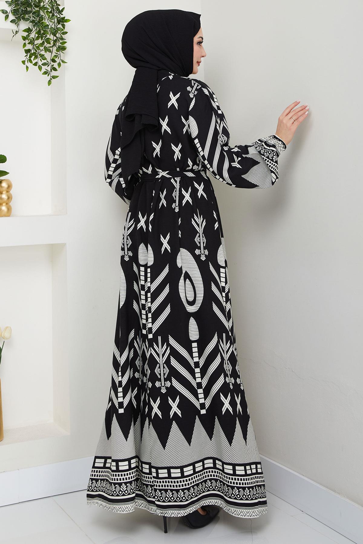 Ferah Desenli Yazlık Viskon Elbise Siyah HM2679
