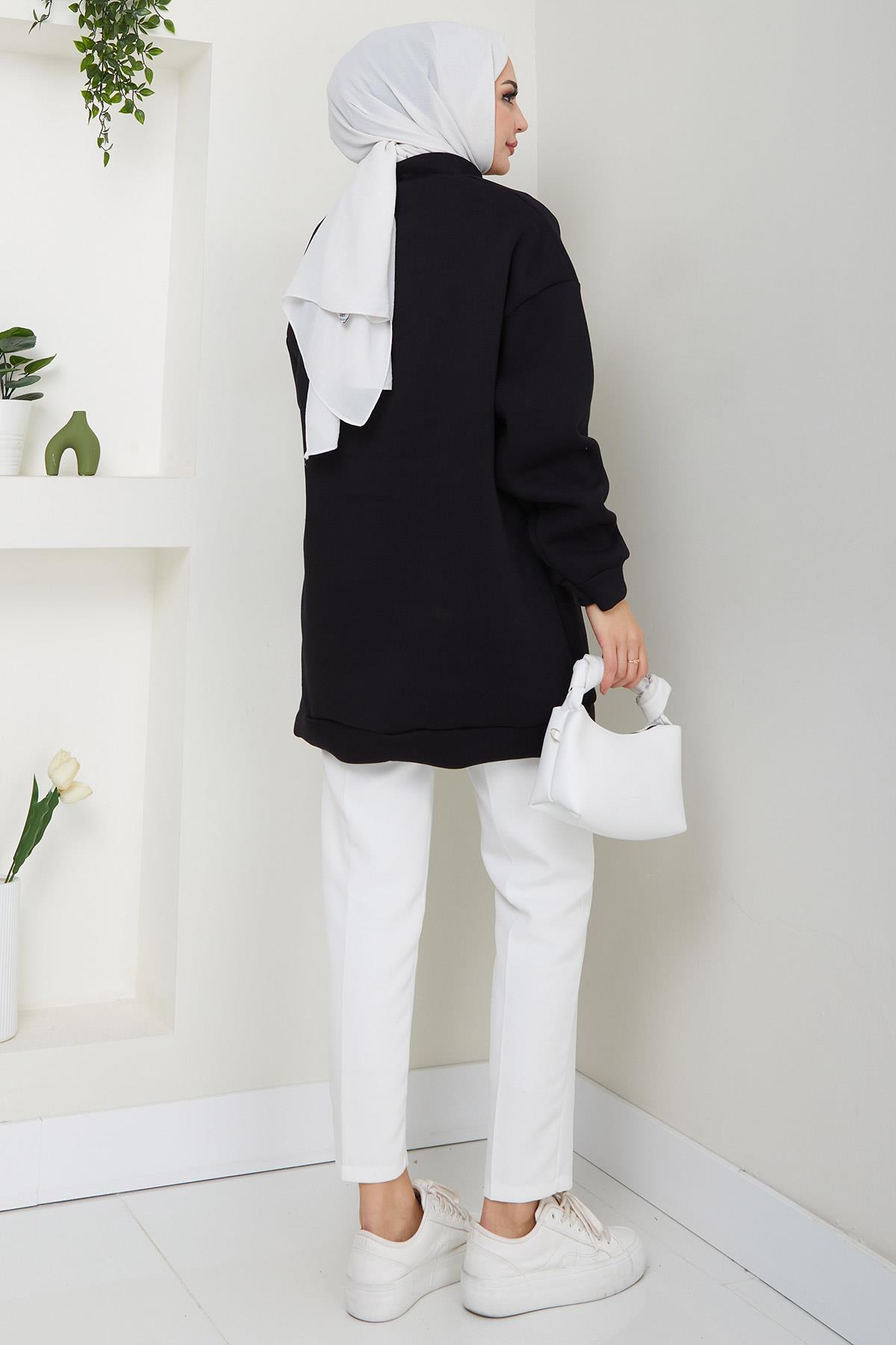 Fermuarlı 3 İplik Şardonlu Dik Yaka Sweatshirt Tunik Siyah HM2650