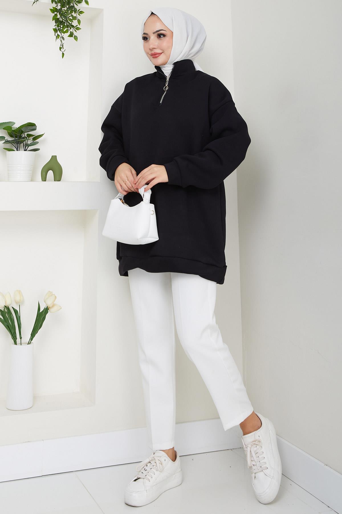 Fermuarlı 3 İplik Şardonlu Dik Yaka Sweatshirt Tunik Siyah HM2650