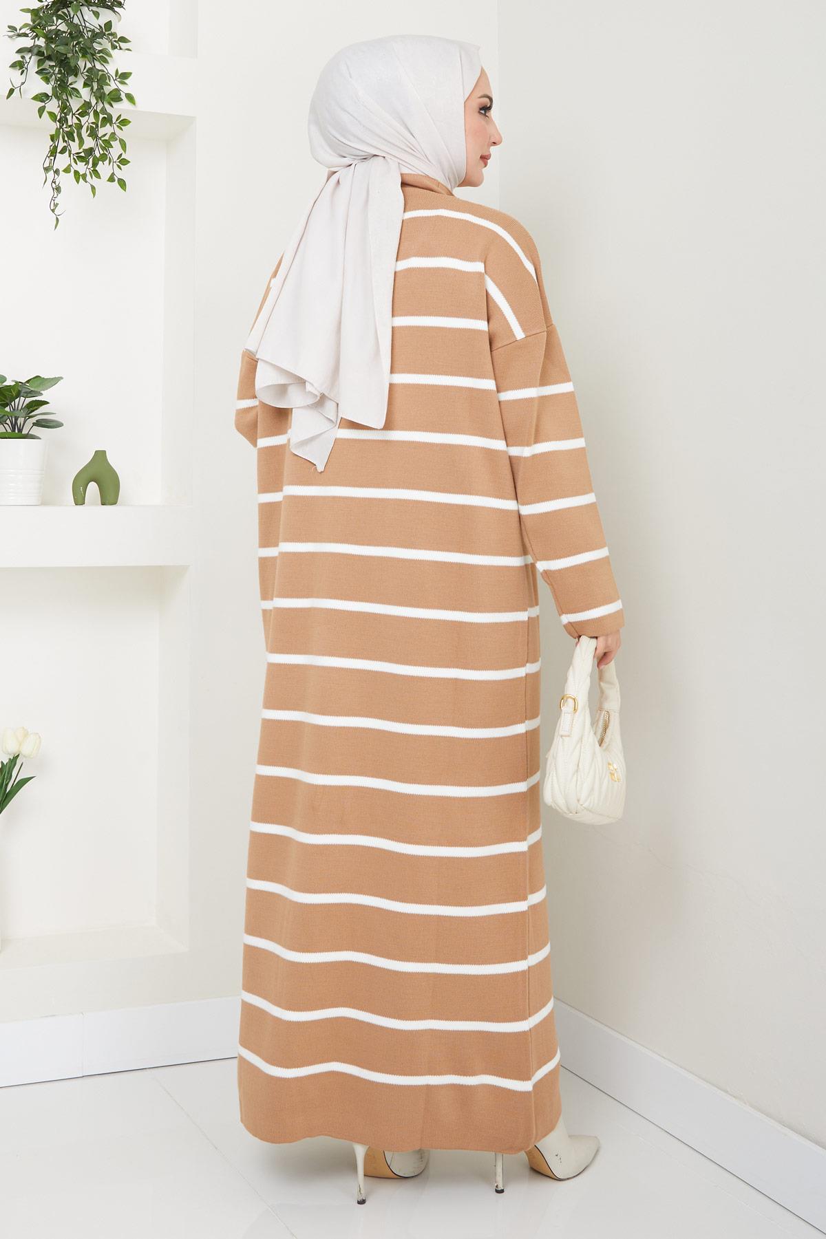 Fermuarlı Çizgili Triko Elbise Camel HM2528