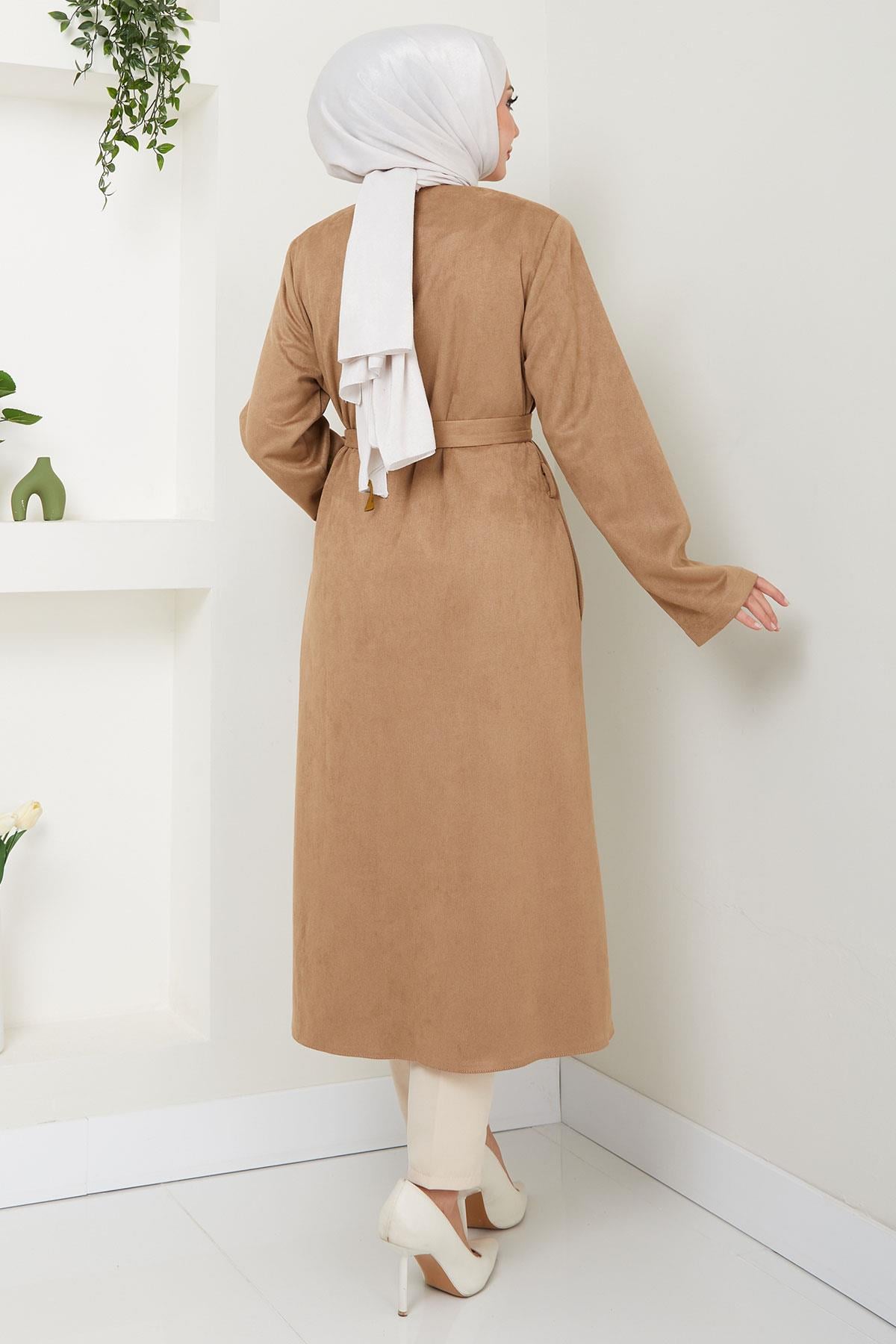 Fermuarlı Kuşaklı Süet Kap Camel HM2542