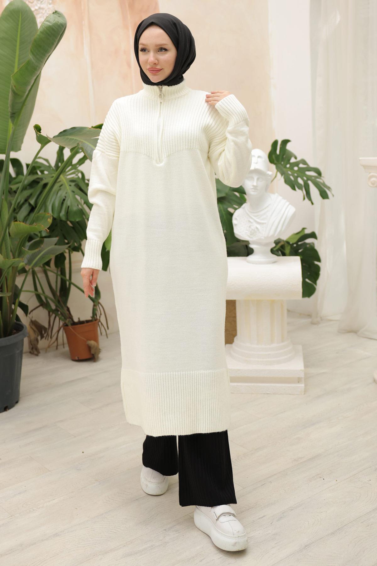 Fermuarlı Uzun Triko Tunik Beyaz HM2529