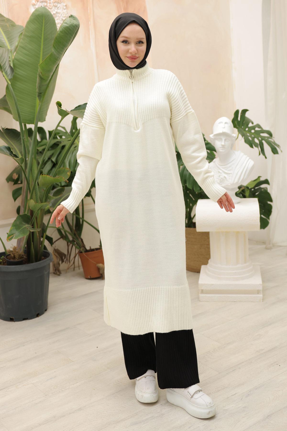 Fermuarlı Uzun Triko Tunik Beyaz HM2529