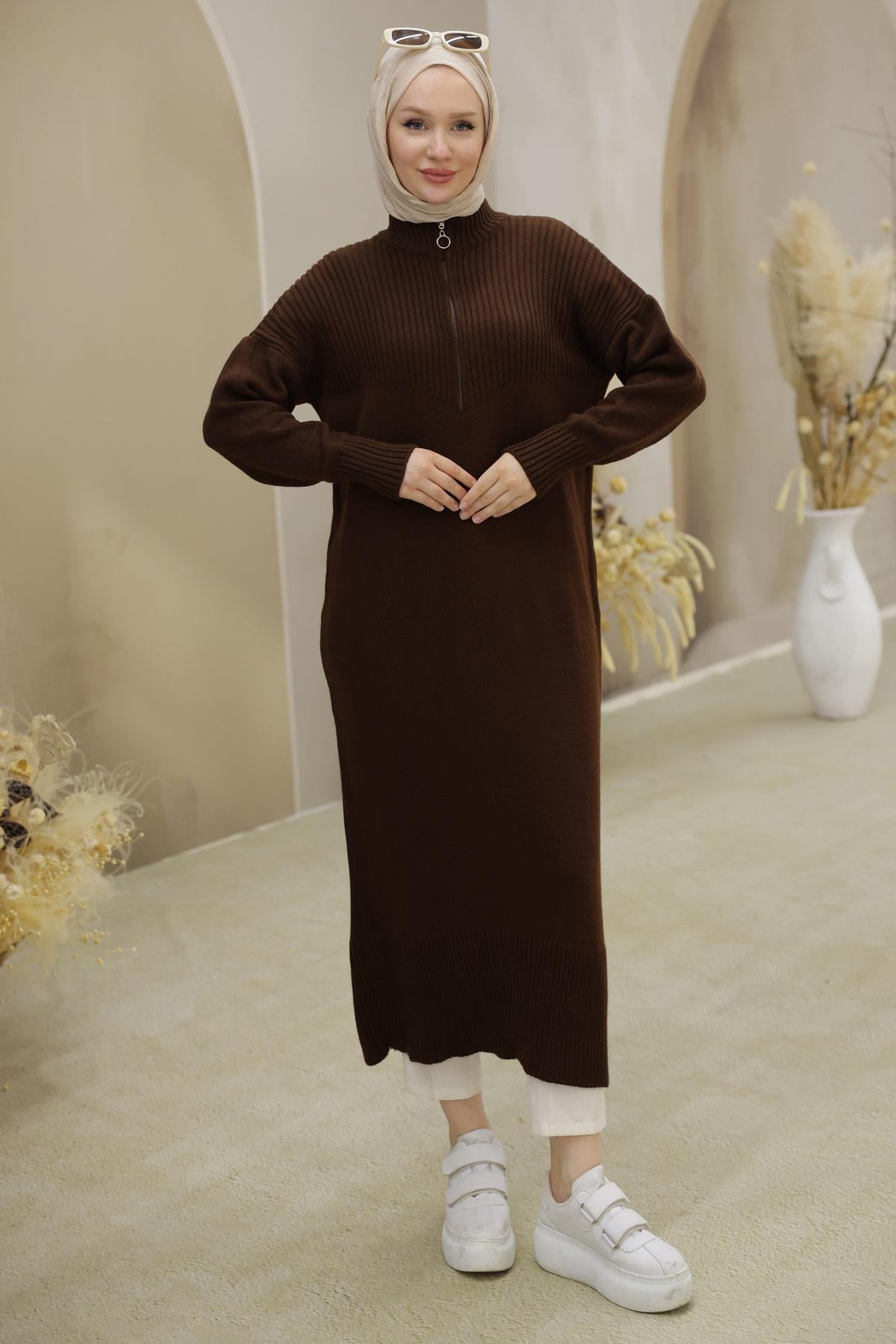 Fermuarlı Uzun Triko Tunik Kahverengi HM2529