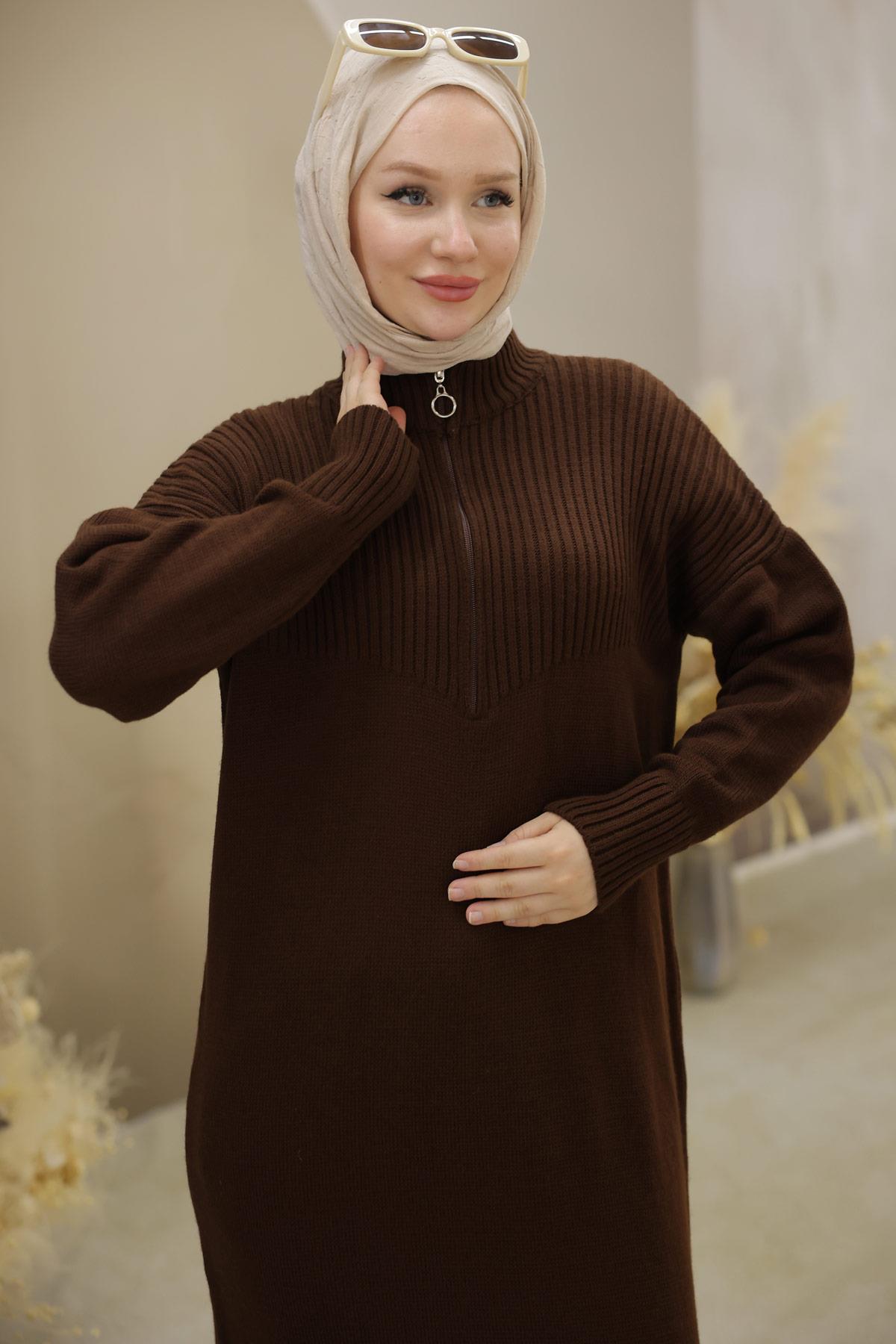 Fermuarlı Uzun Triko Tunik Kahverengi HM2529