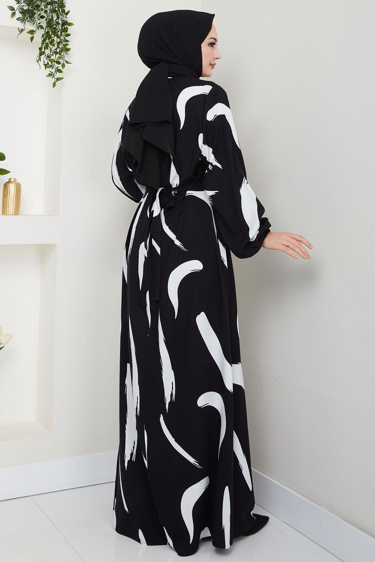 Fırça Desenli Yazlık Viskon Elbise Siyah HM2730