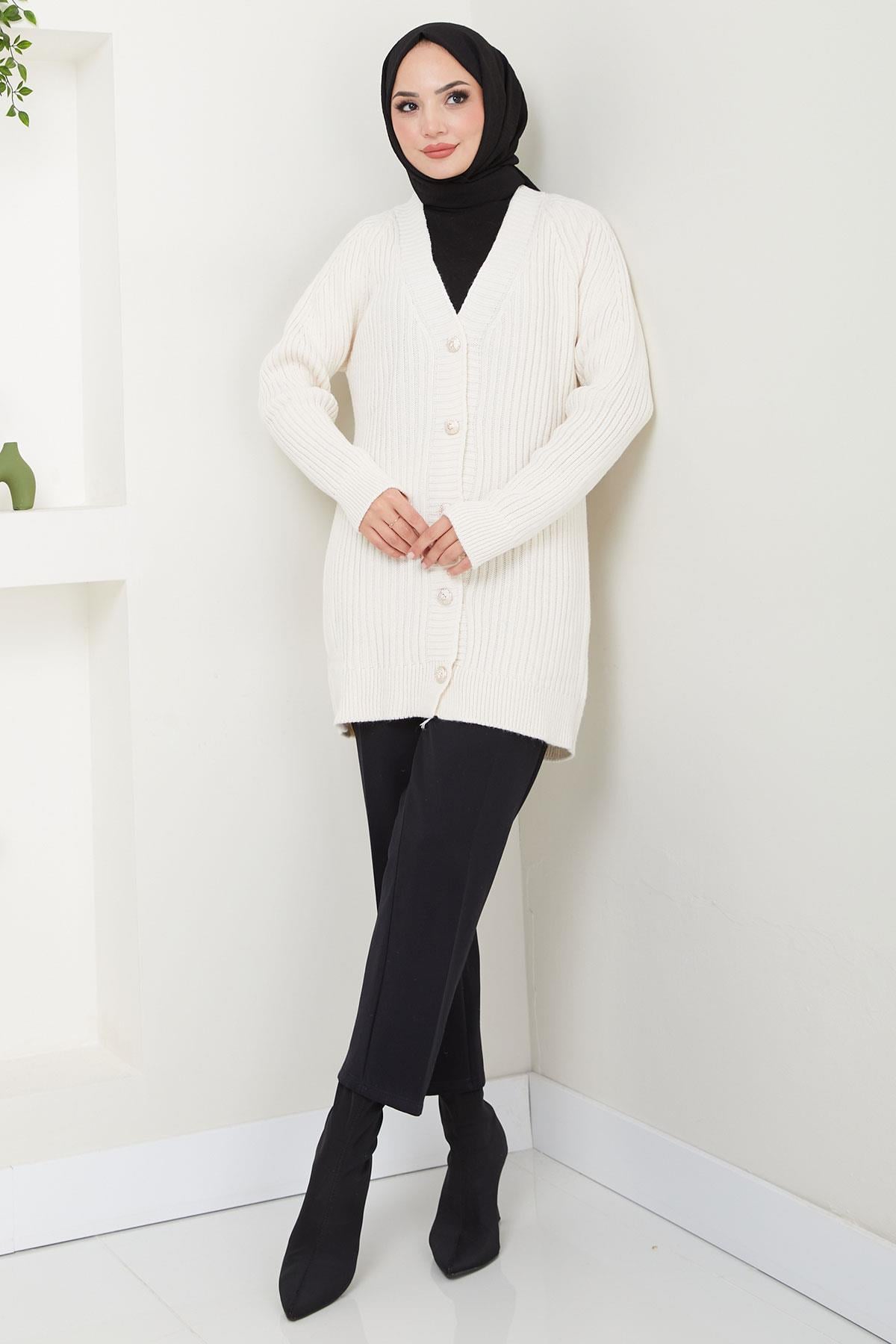 Fitilli Düğmeli Triko Hırka Krem HM2563