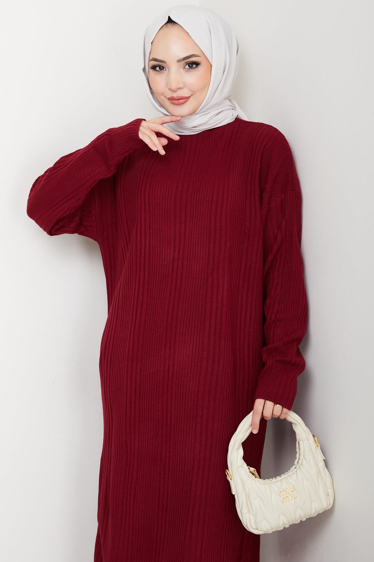 Fitilli Triko Elbise Bordo HM2247