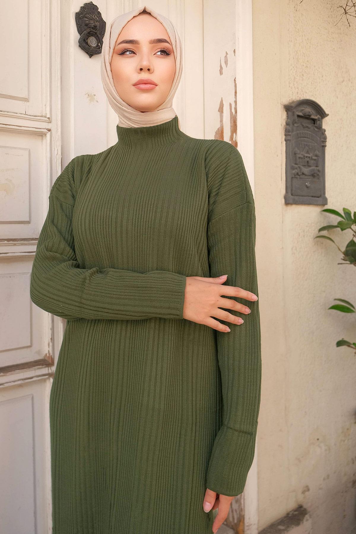 Fitilli Triko Elbise Haki HM2247