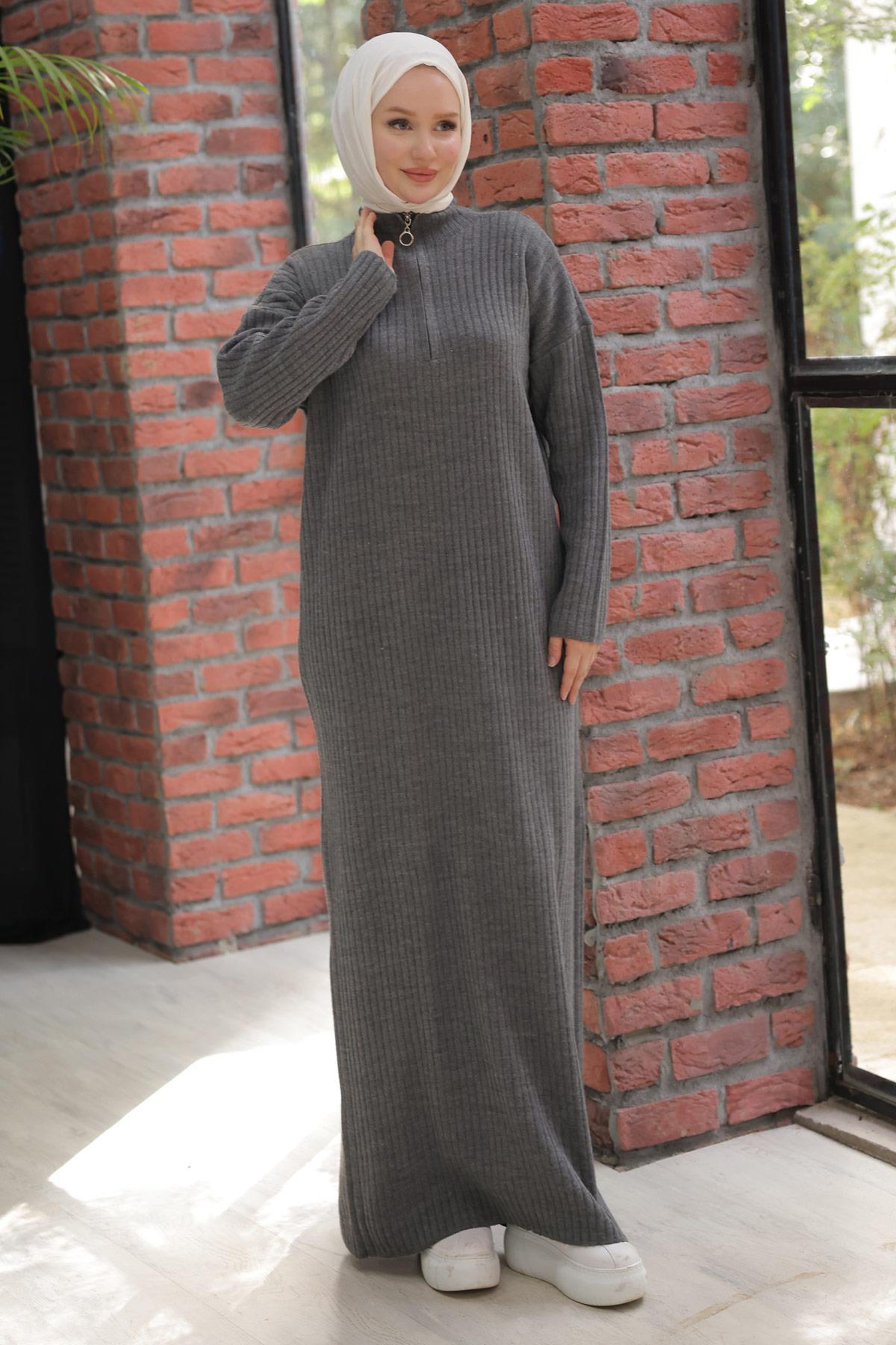 Fitilli Yarım Fermuarlı Triko Elbise Füme HM2520