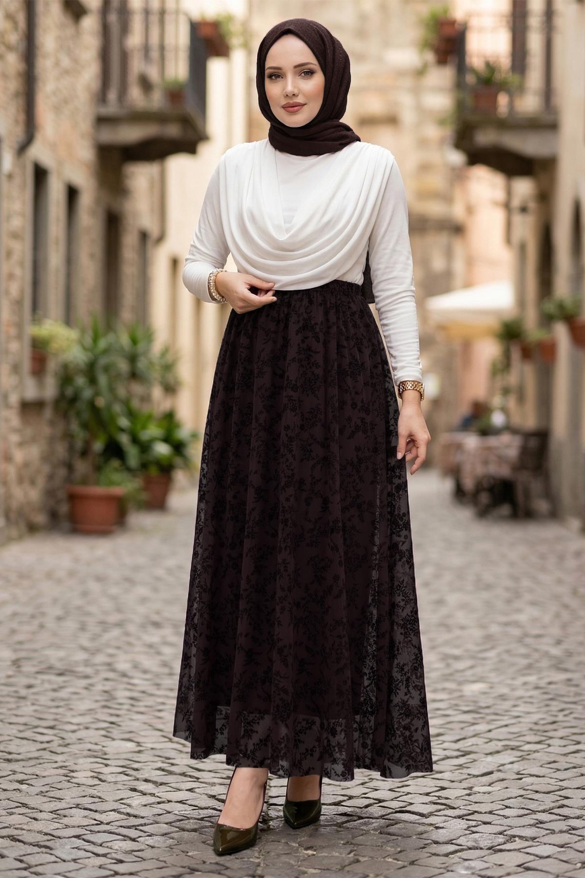 Flok Baskılı Astarlı Çiçek Desenli Tül Etek Kahverengi HM2902