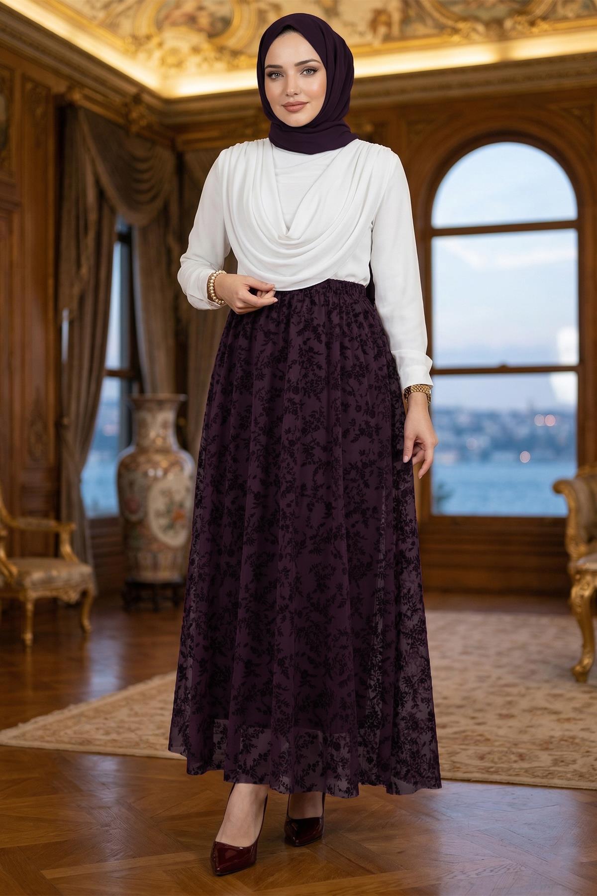 Flok Baskılı Astarlı Çiçek Desenli Tül Etek Mürdüm HM2902