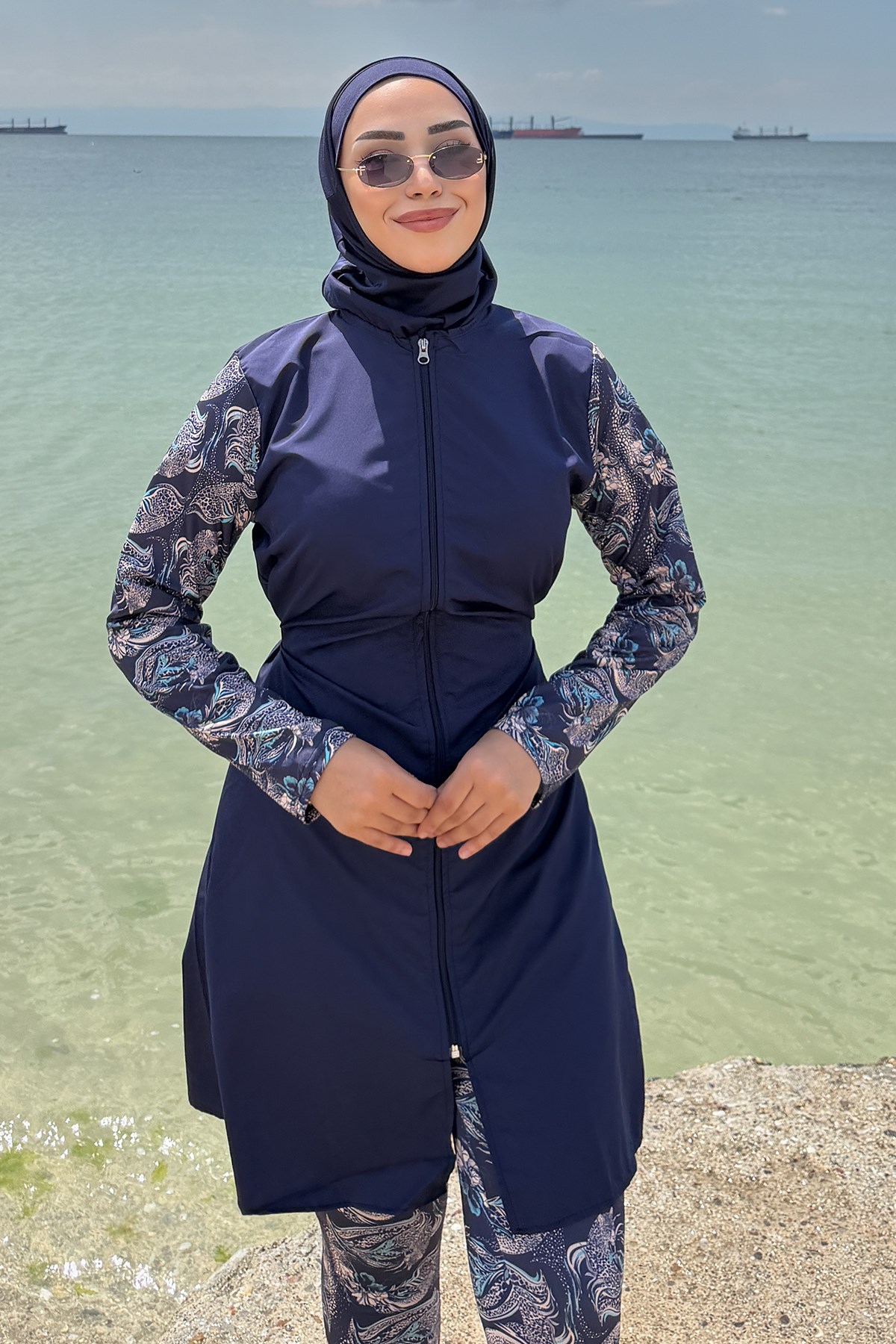 Floral Desenli Tesettür Mayo Tam Takım Lacivert HM2928