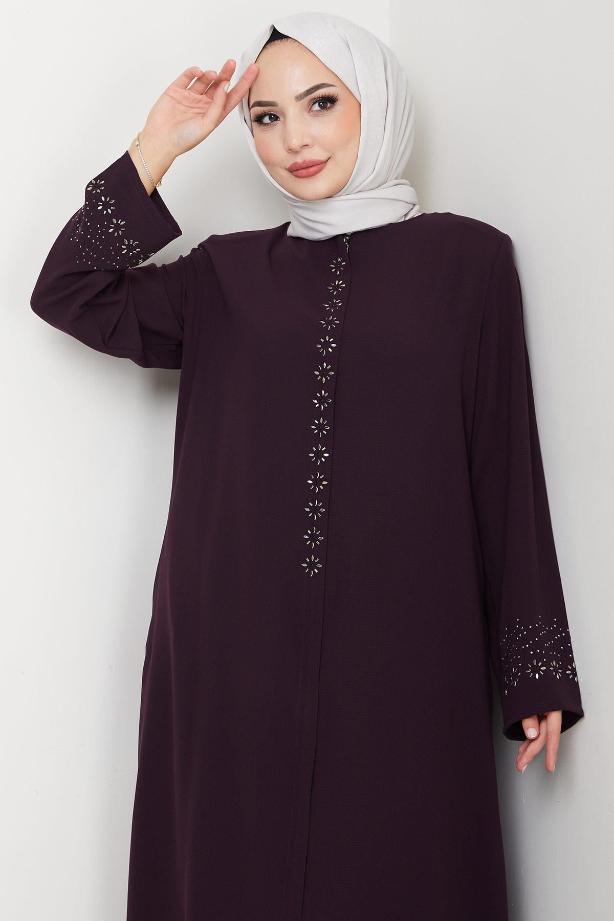 Gizli Patlı Çiçek Taşlı Ferace Mor HM2859