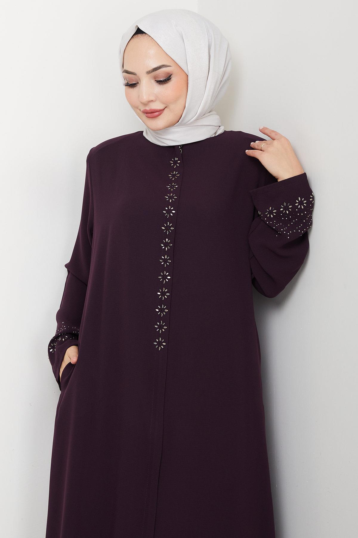 Gizli Patlı Çiçek Taşlı Ferace Mor HM2859