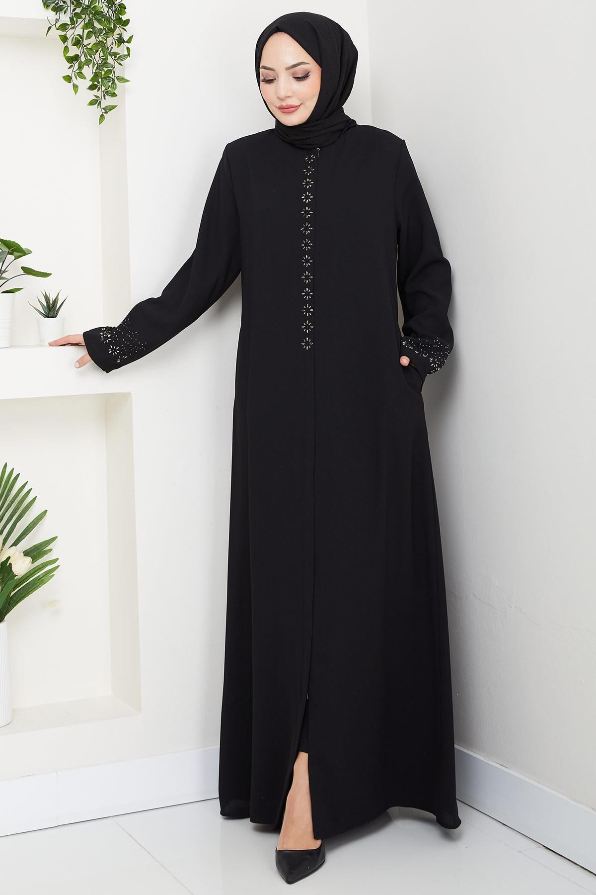 Gizli Patlı Çiçek Taşlı Ferace Siyah HM2859